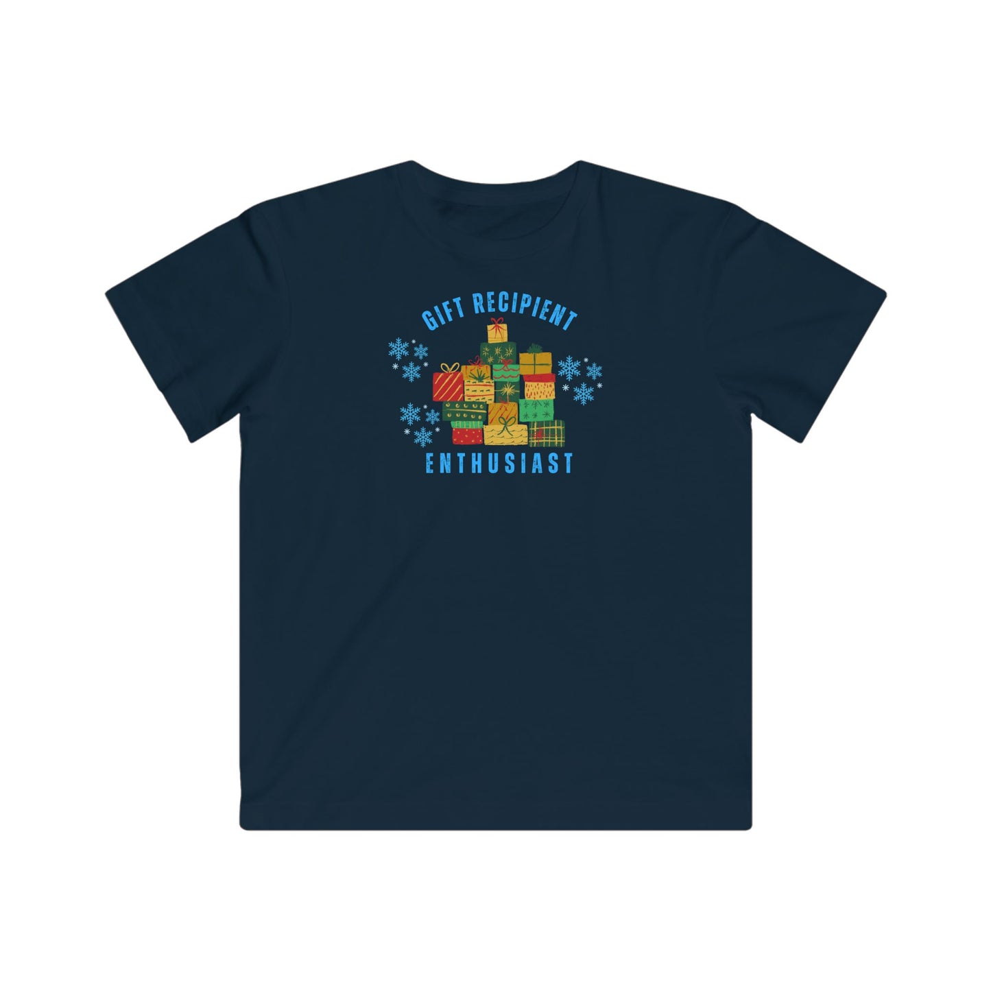 Navy blue t-shirt with colorful graphic and text on a white background