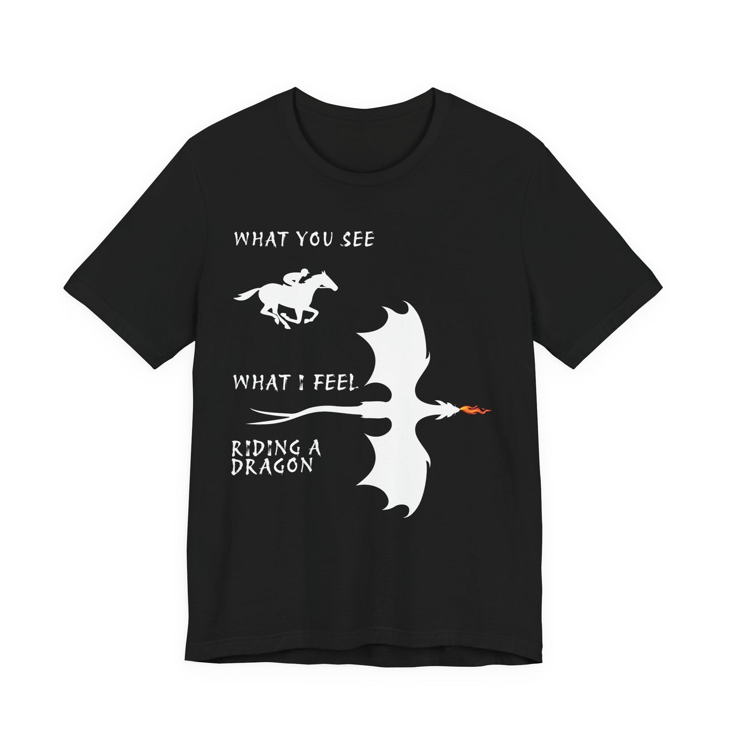 Black t-shirt with white graphic of a horse and dragon and text on a white background