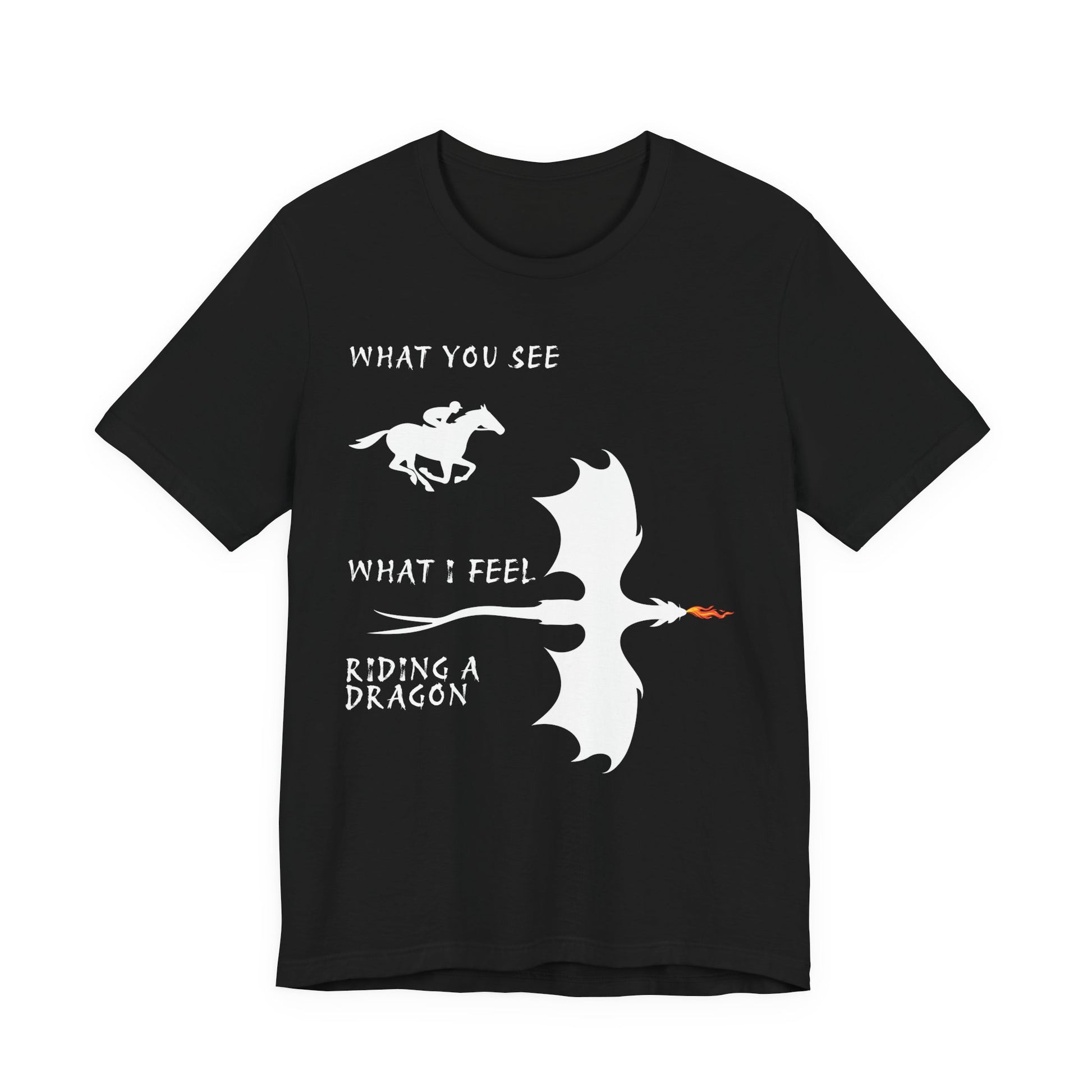 Black t-shirt with white graphic of a horse and dragon and text on a white background