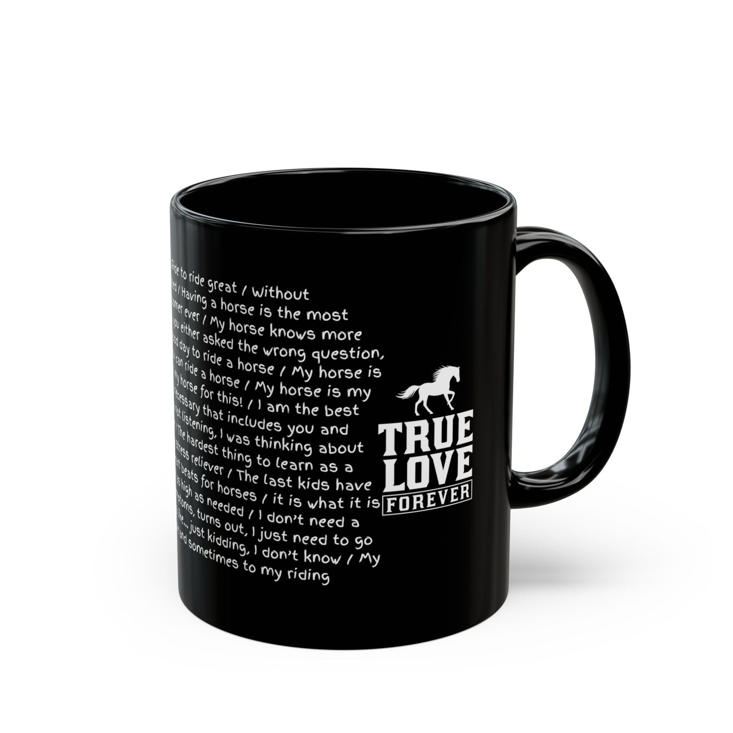 Black mug with white text and horse illustration on a white background