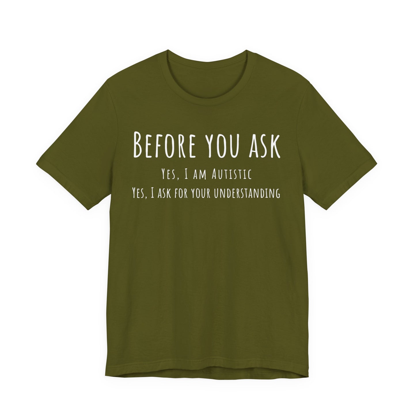 Green t-shirt with white text on a white background