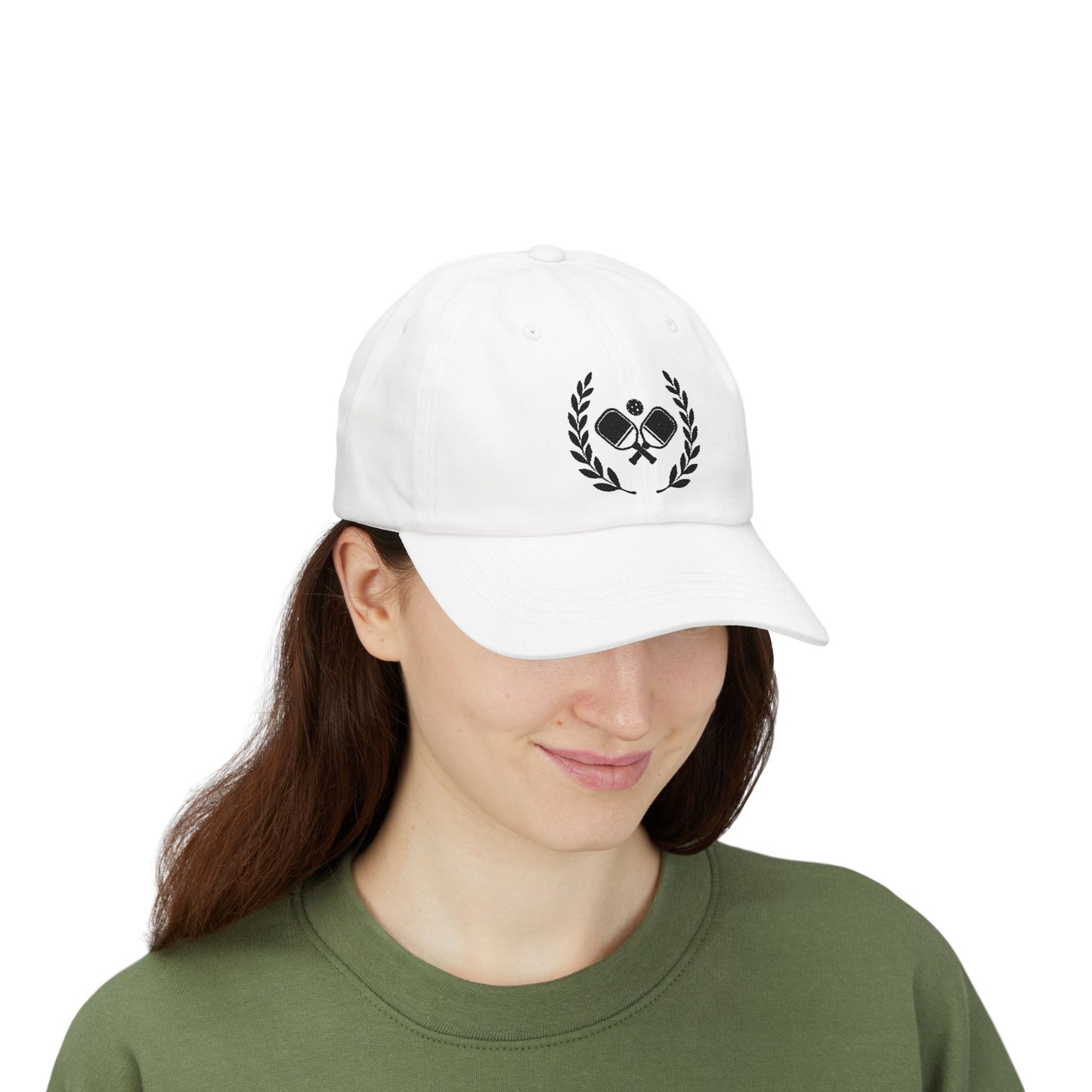 Pickleball  hats Person wearing a white cap with a decorative design on a white background