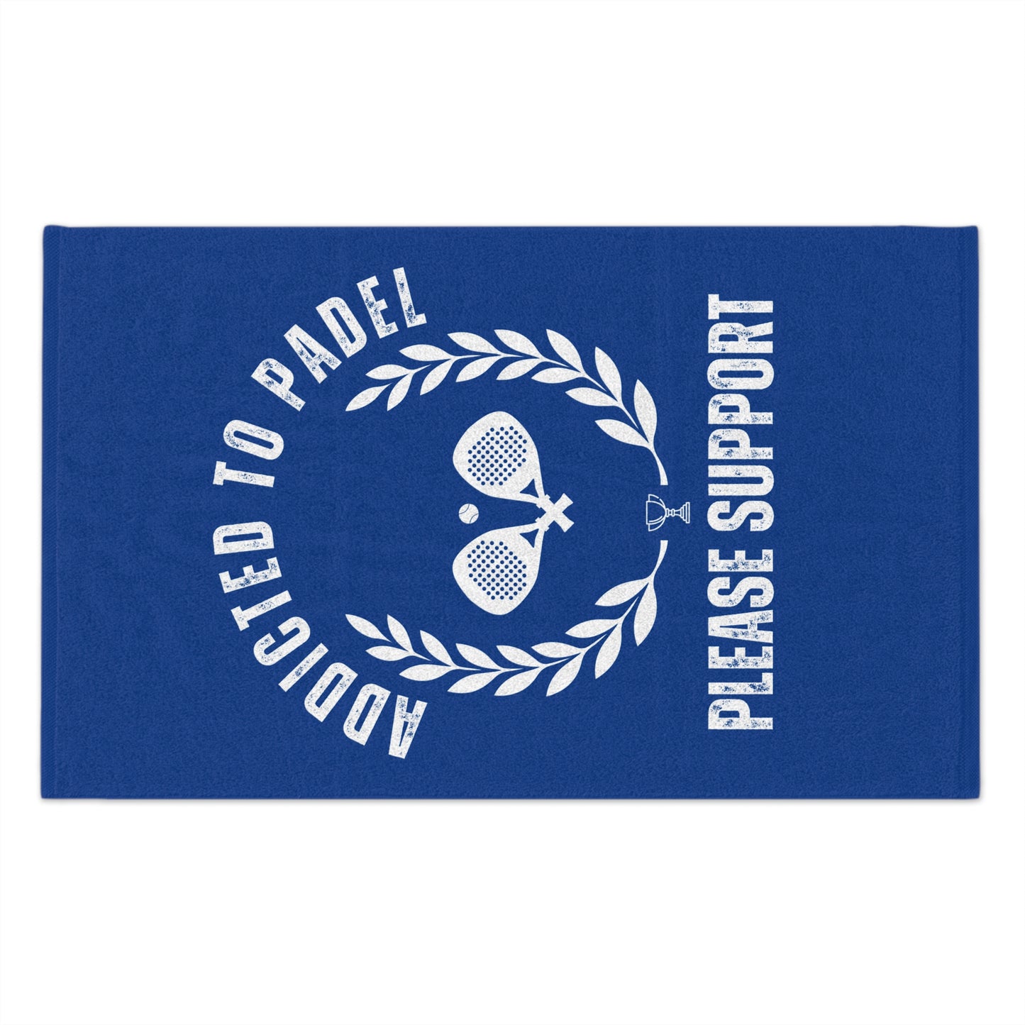 Blue towel with white text and paddle design on a white background