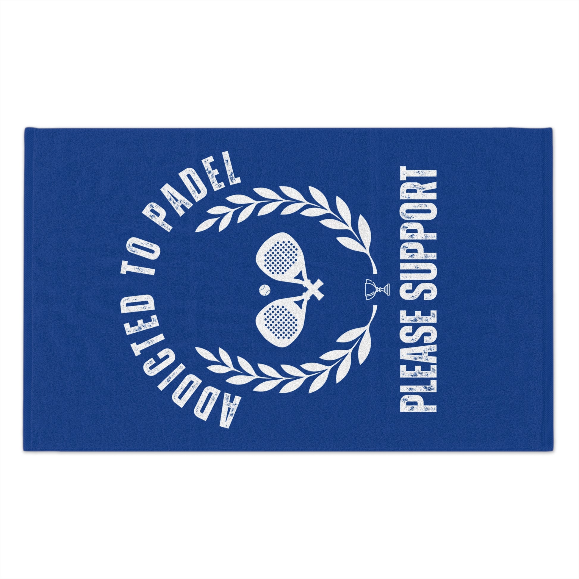 Blue towel with white text and paddle design on a white background