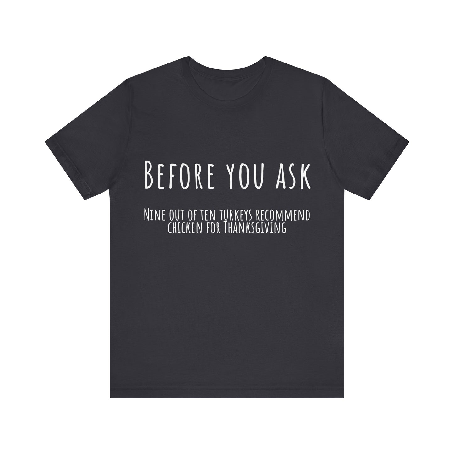 Black t-shirt with white text on a white background