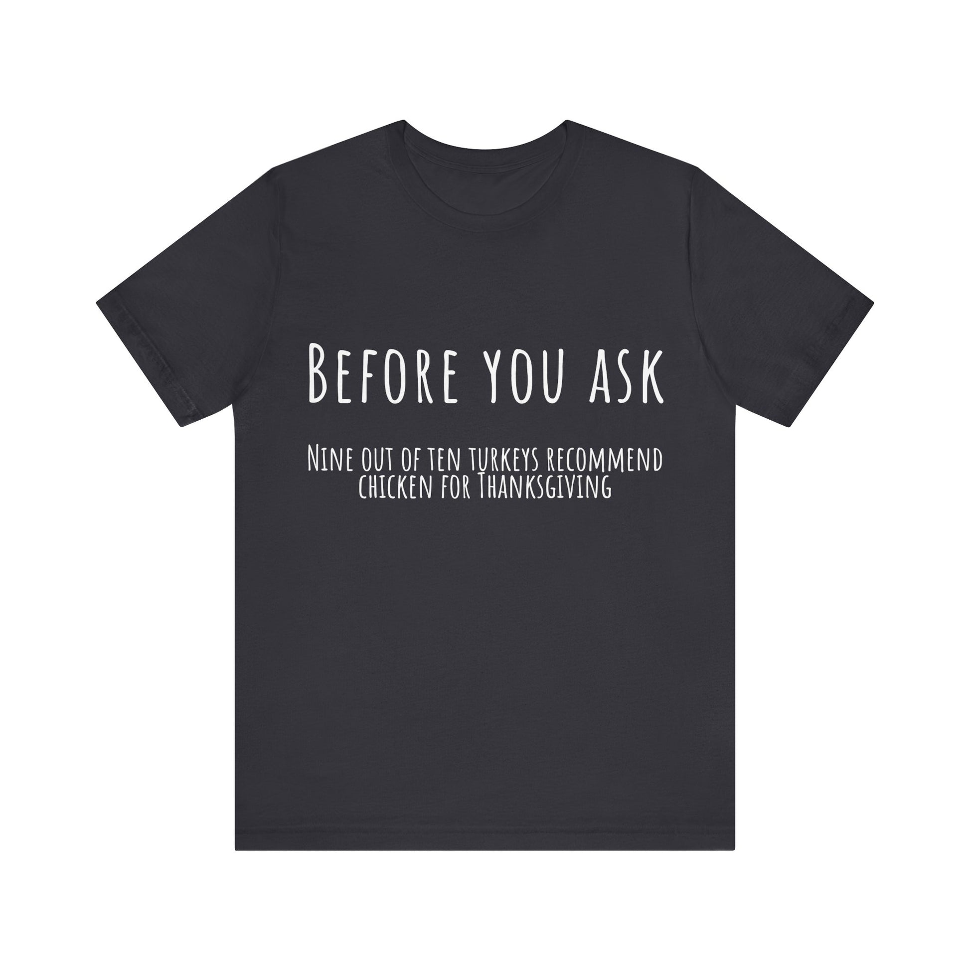 Black t-shirt with white text on a white background