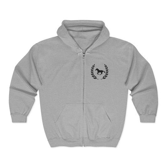 Gray hoodie with a horse emblem on a white background