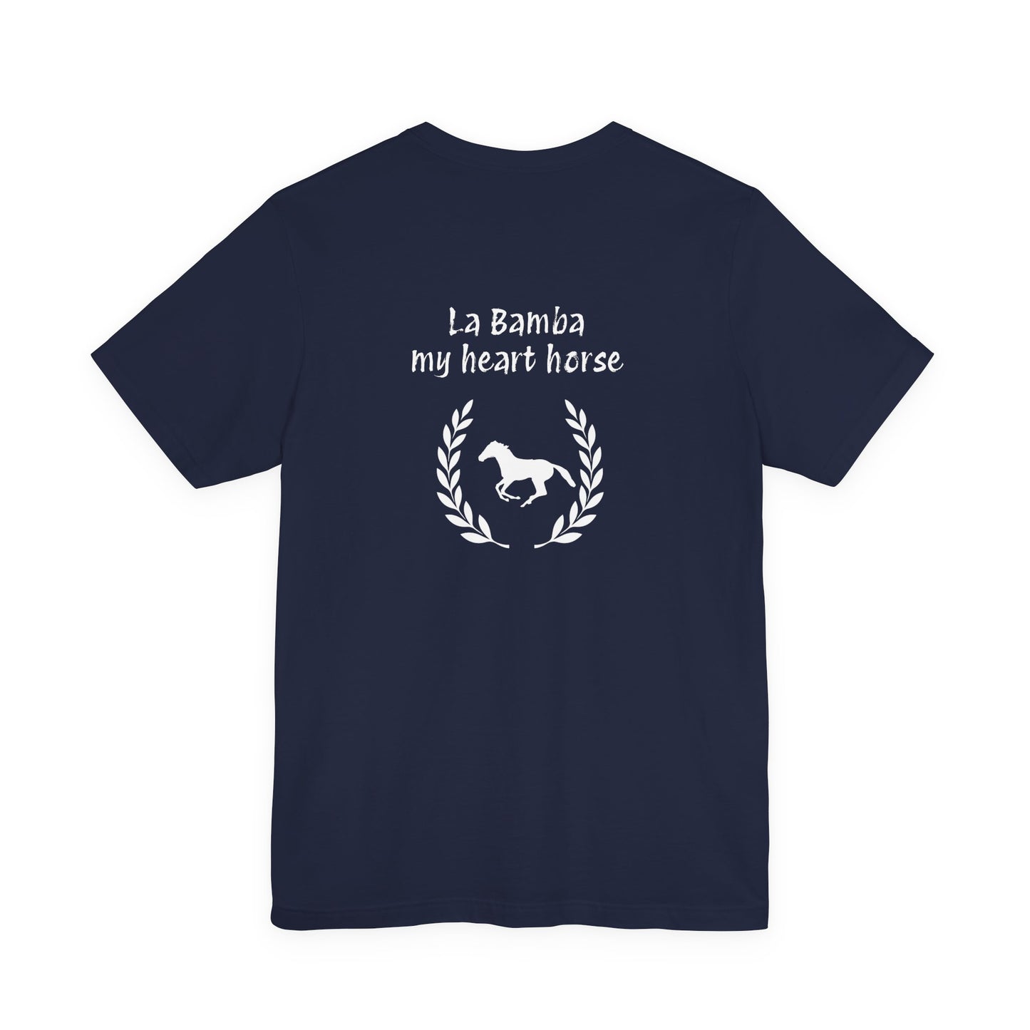 Navy blue t-shirt with a design on the back on a white background