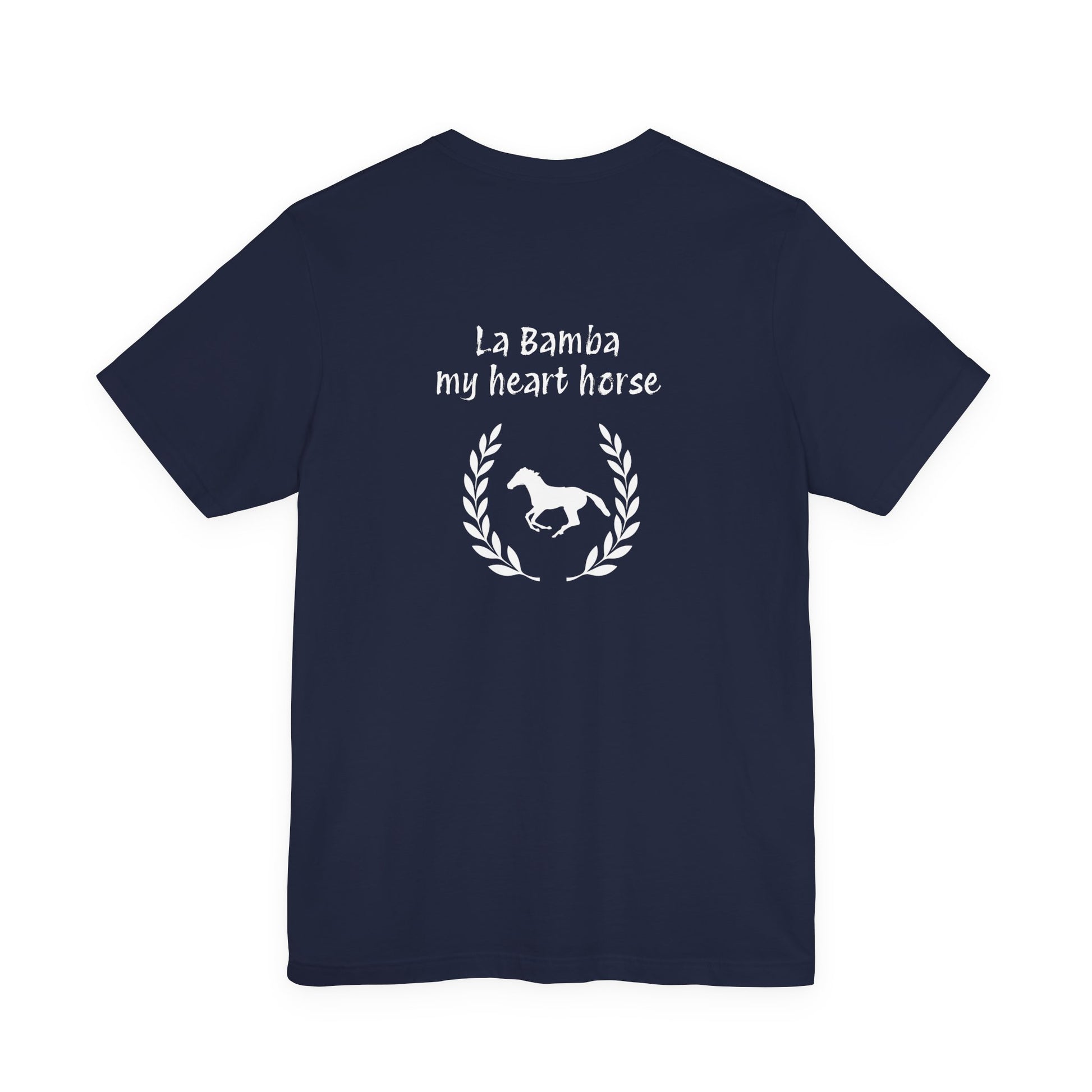 Navy blue t-shirt with a design on the back on a white background