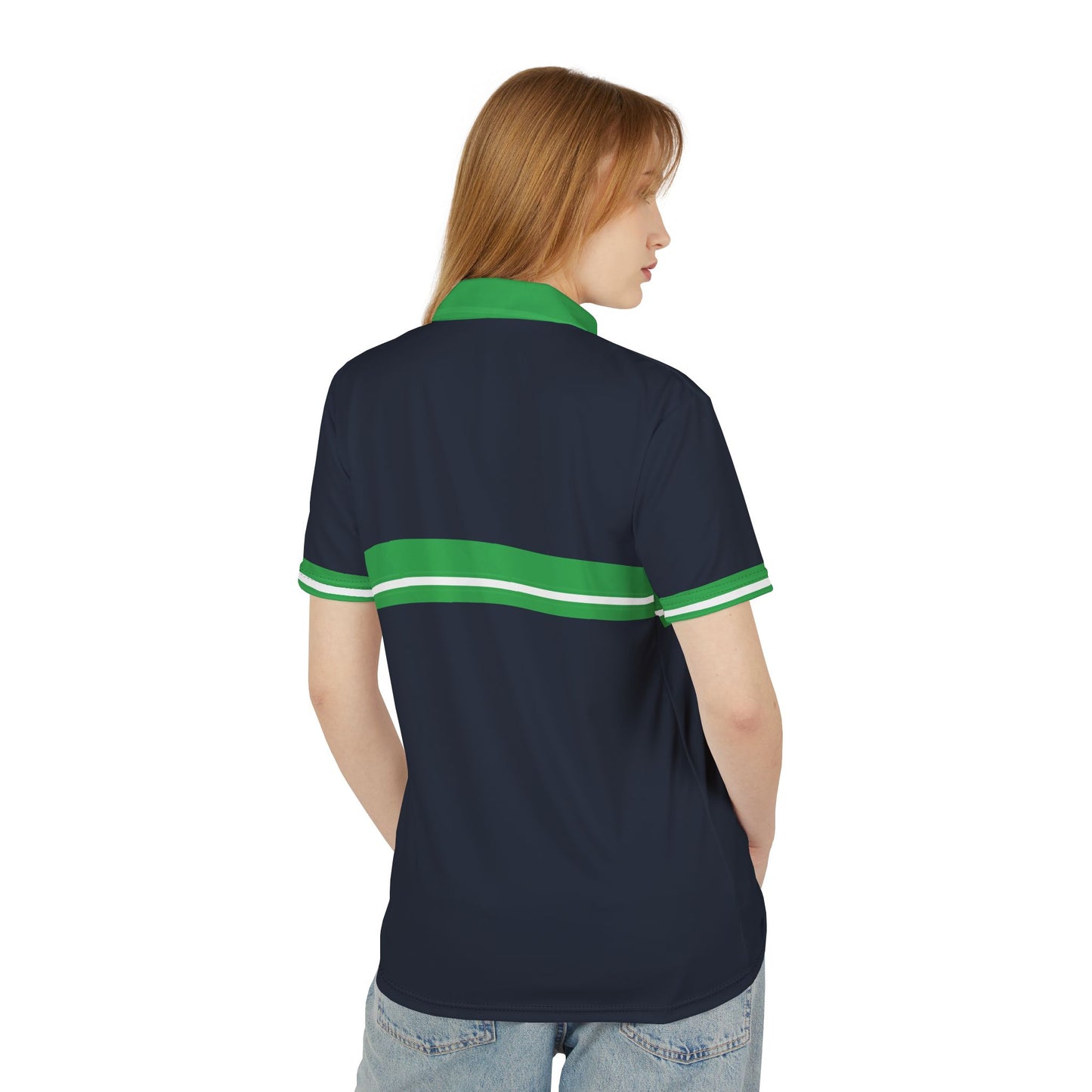 Performance Polo Shirt Person wearing a navy polo shirt with green and white stripes on a white background