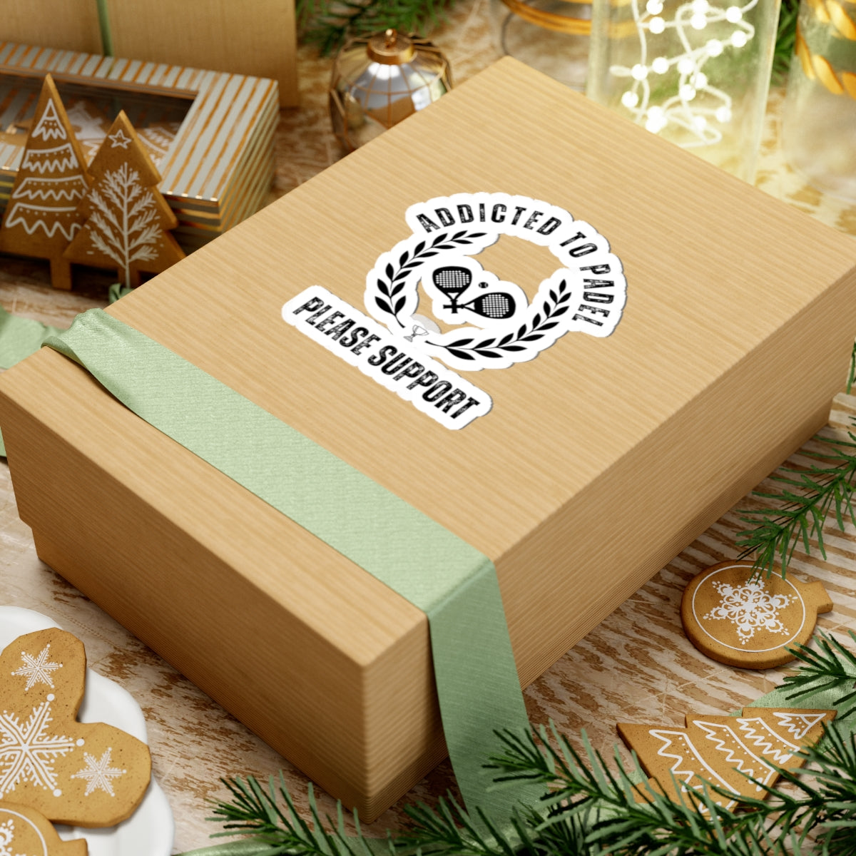 Wooden gift box with a green ribbon and decorative label on a festive background with cookies and lights.