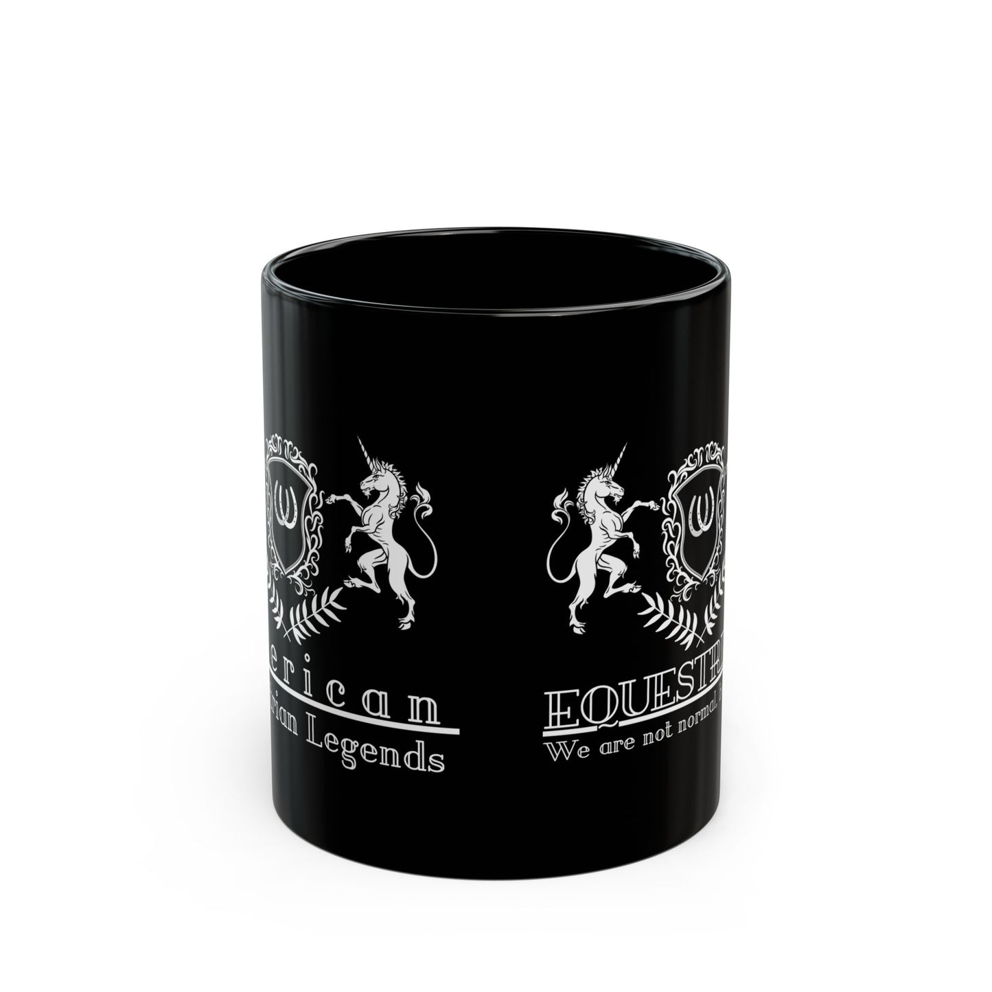 Black mug with white text and unicorn design on a white background