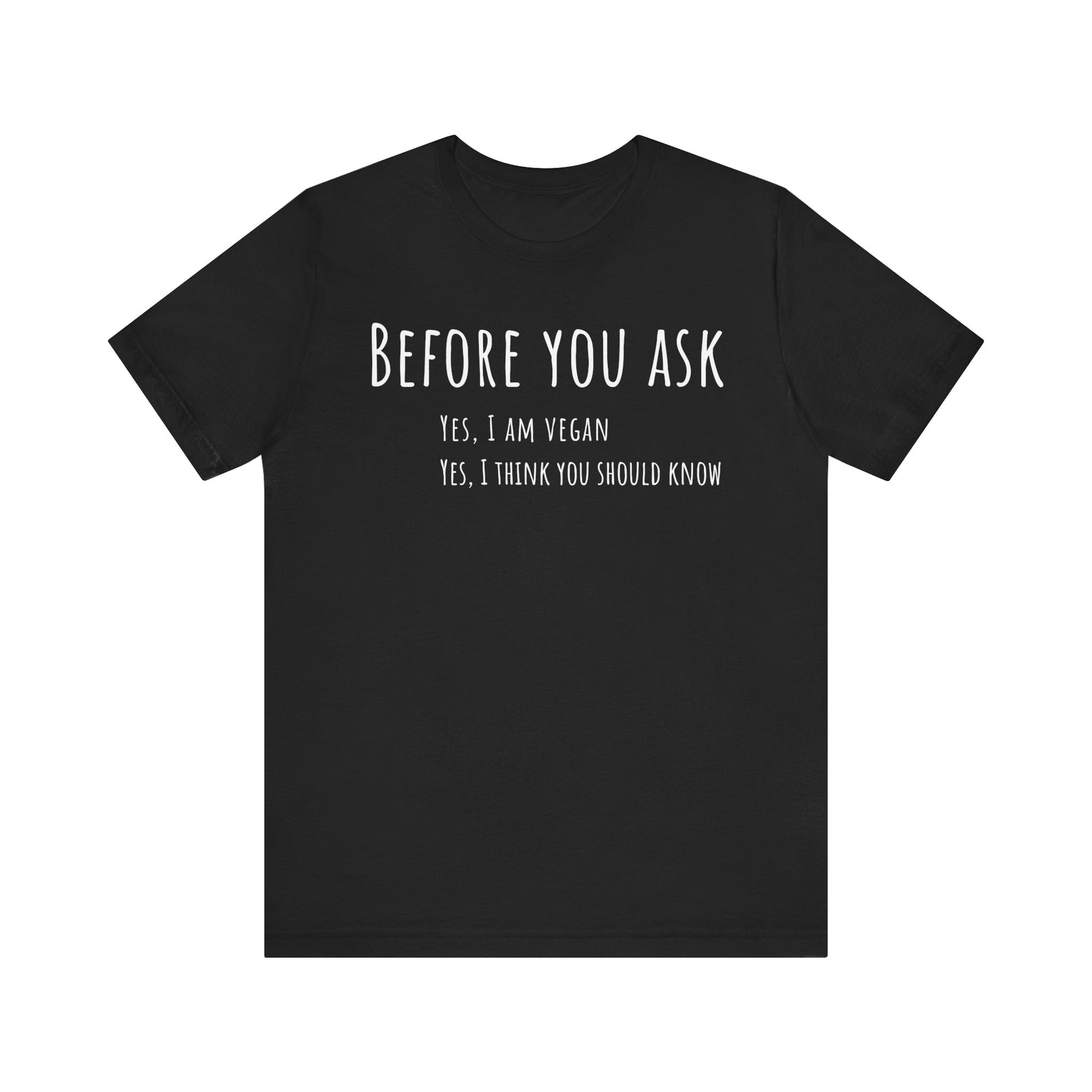 Black t-shirt with white text on a white background