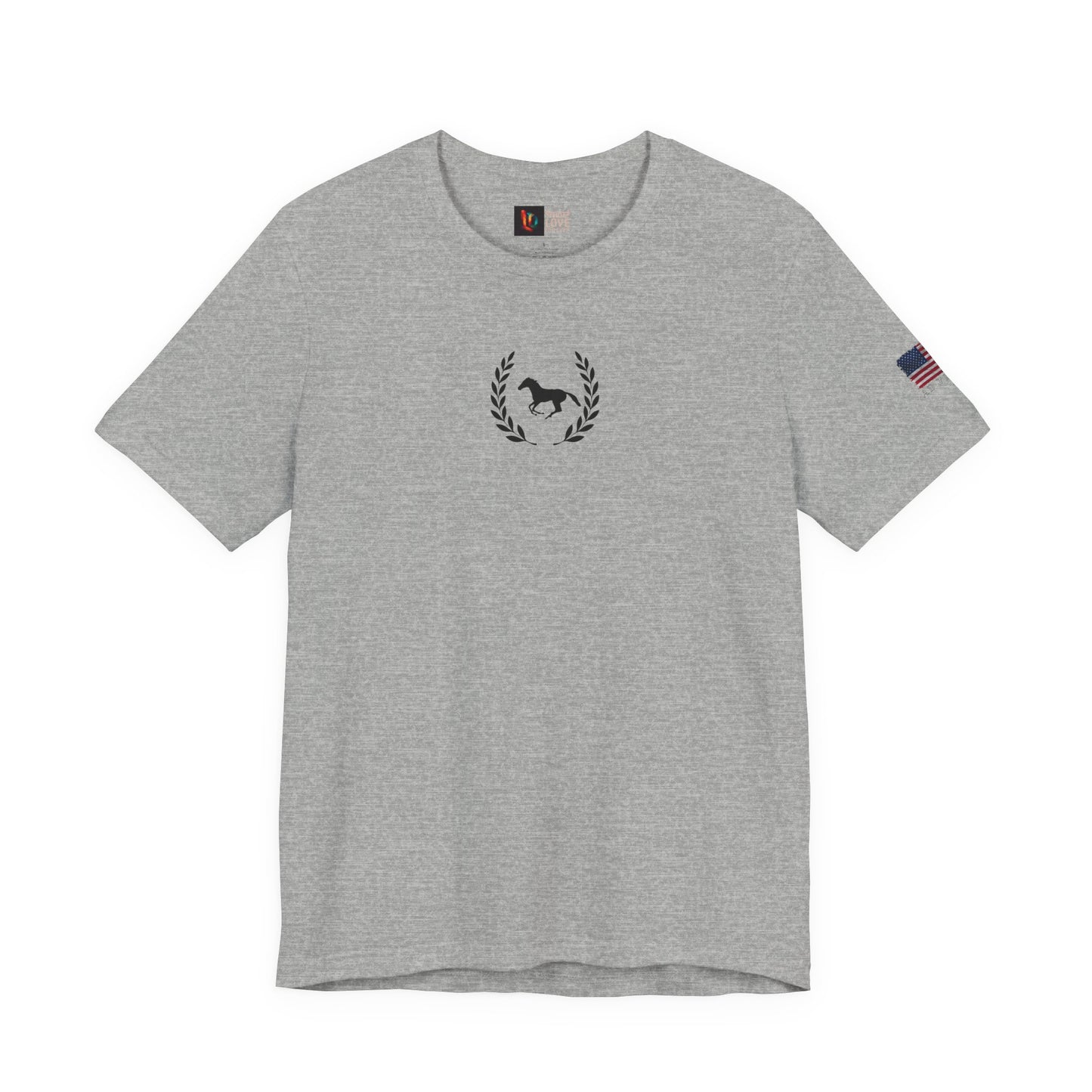 Gray t-shirt with a logo on the chest and an American flag on the sleeve against a white background