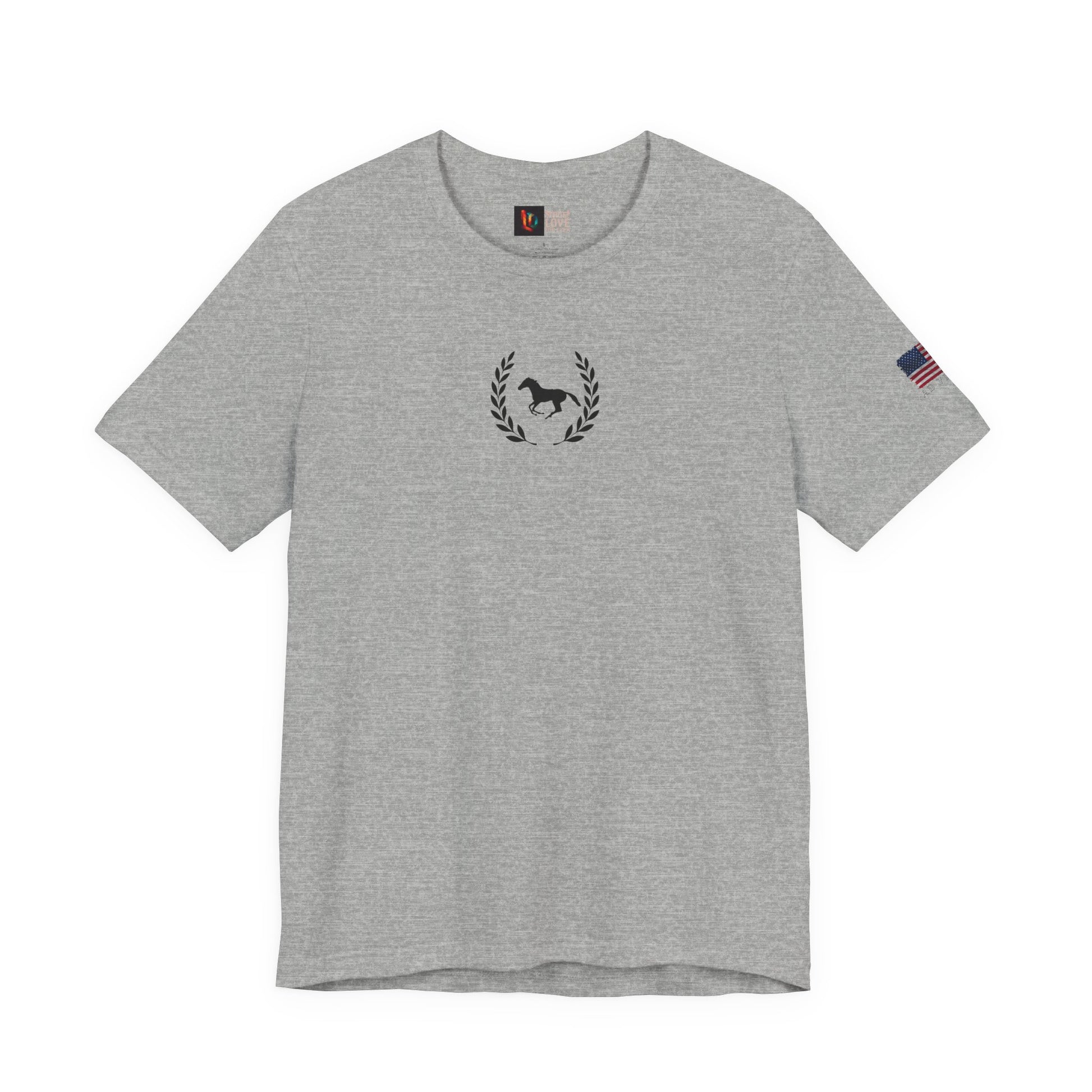 Gray t-shirt with a logo on the chest and an American flag on the sleeve against a white background
