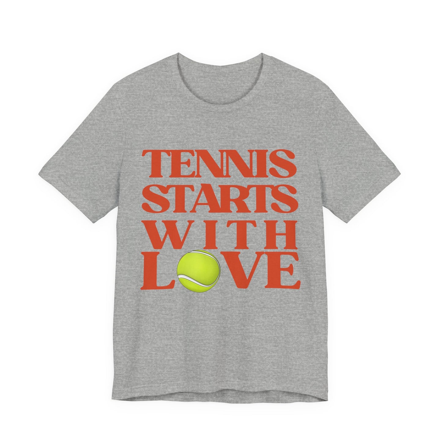 Gray t-shirt with 'Tennis Starts With Love' text and tennis ball graphic on a white background