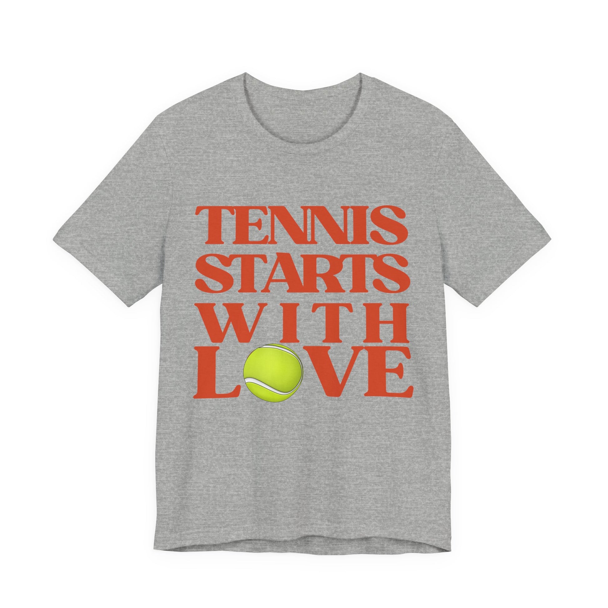 Gray t-shirt with 'Tennis Starts With Love' text and tennis ball graphic on a white background