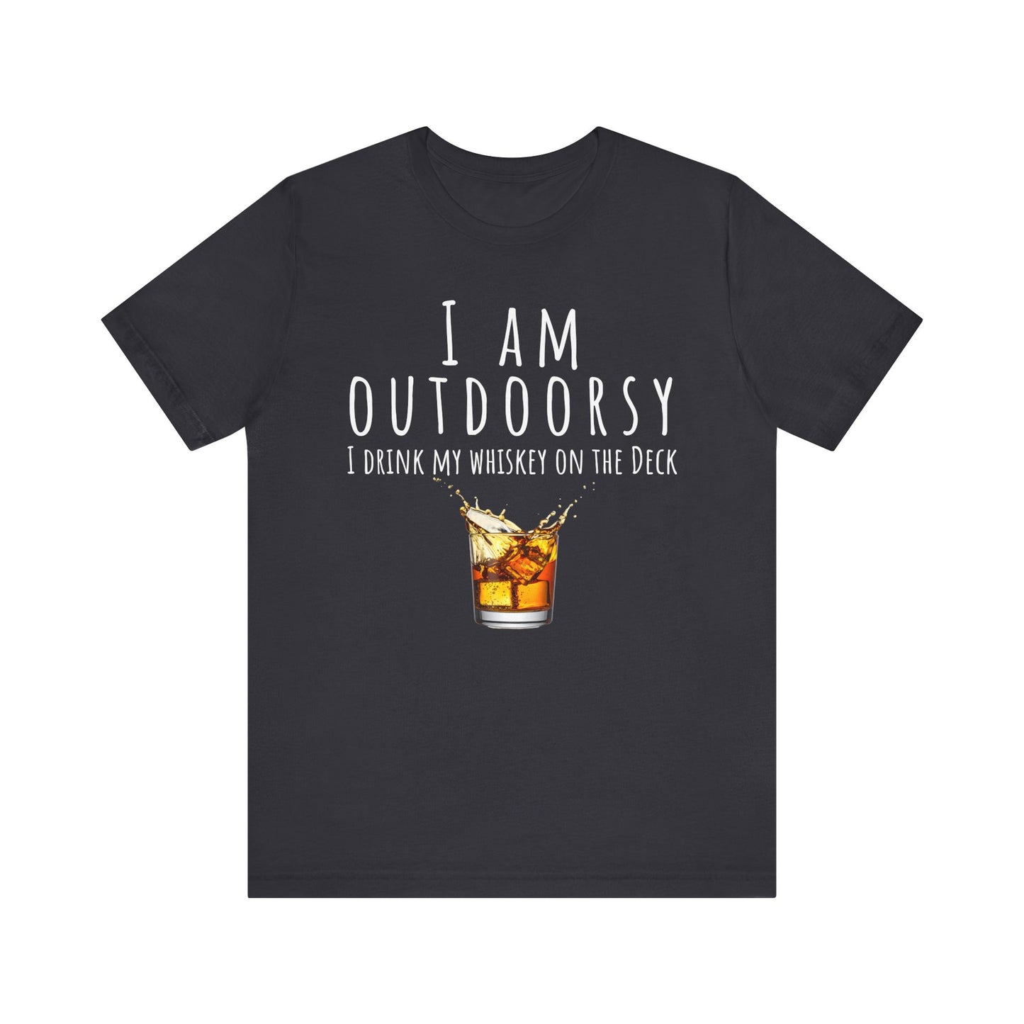 Black t-shirt with a graphic of a glass of whiskey and text on a white background