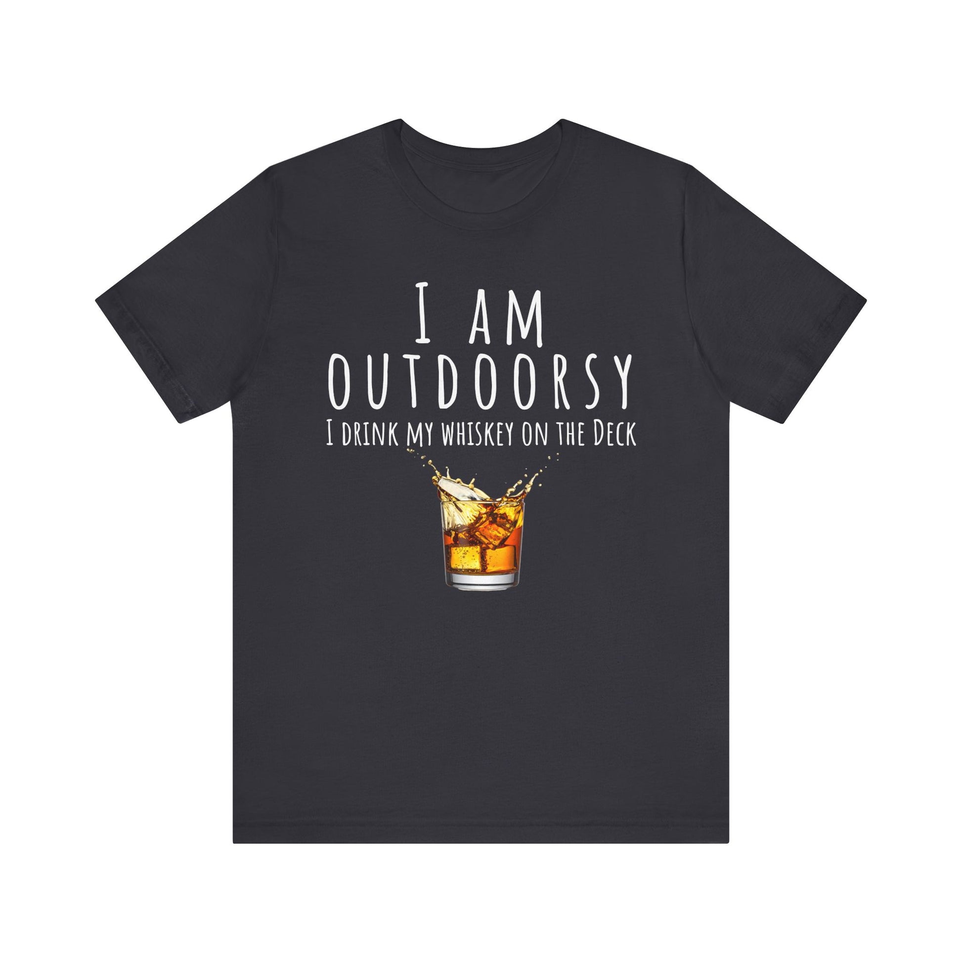 Black t-shirt with a graphic of a glass of whiskey and text on a white background