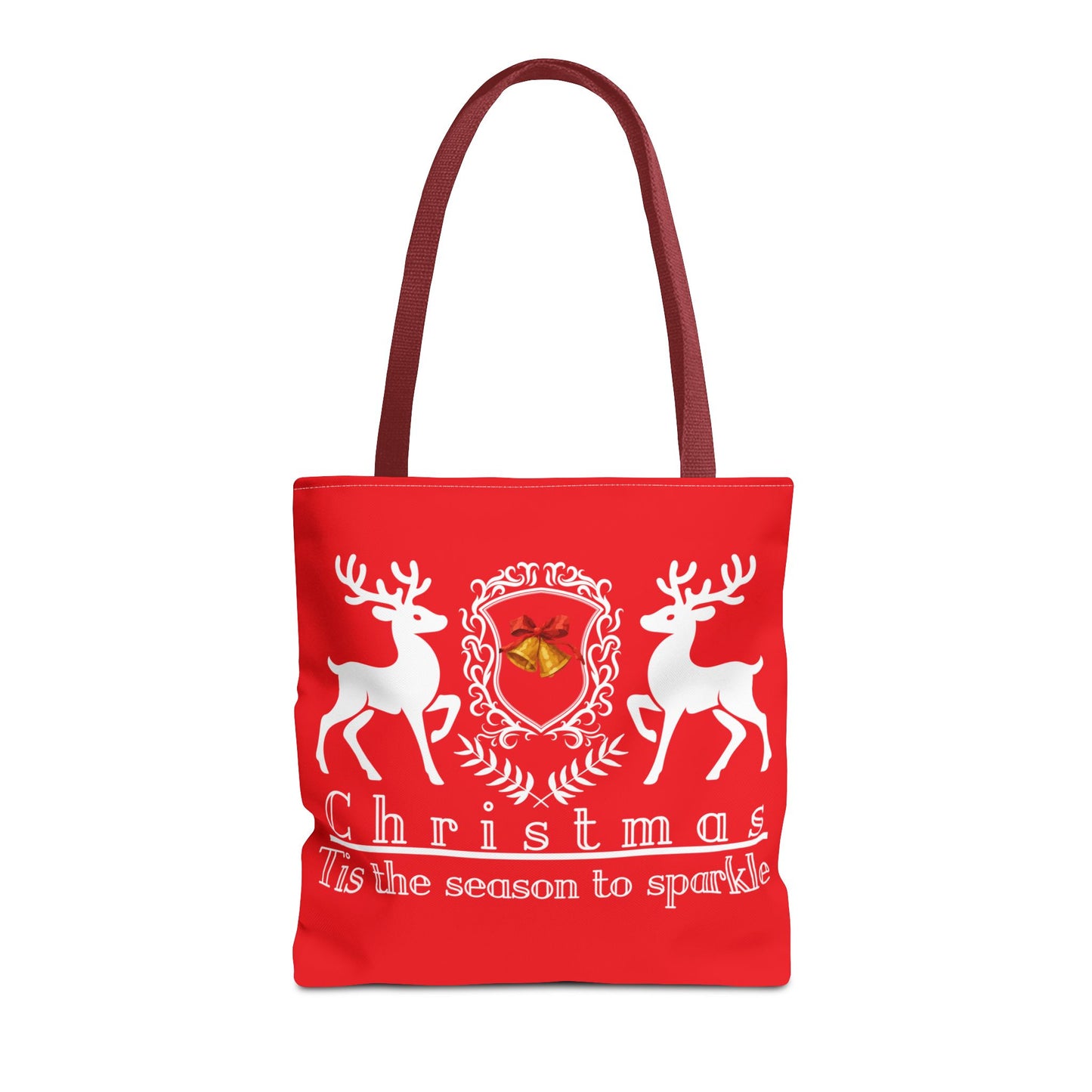 Red tote bag with reindeer and Christmas text design on a white background