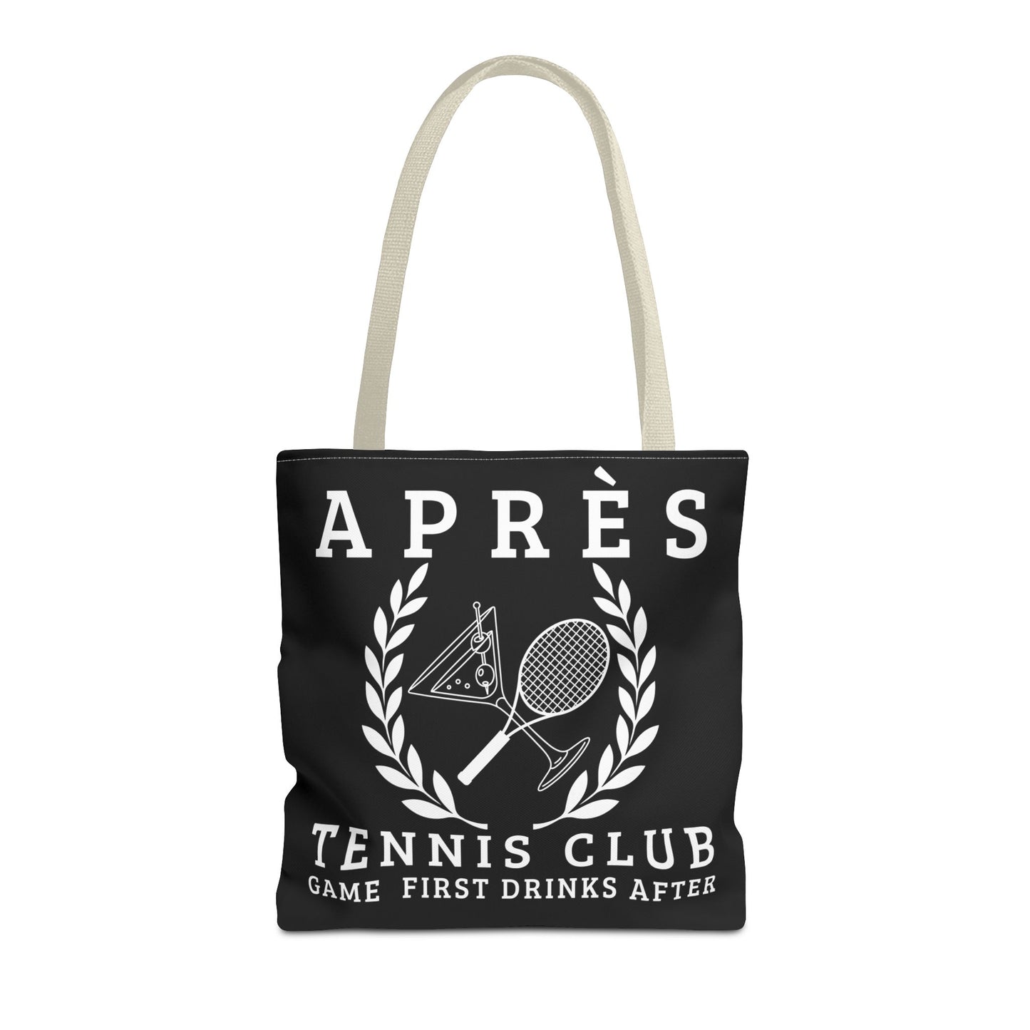 tennis tote bag Black tote bag with tennis-themed design and text on a white background