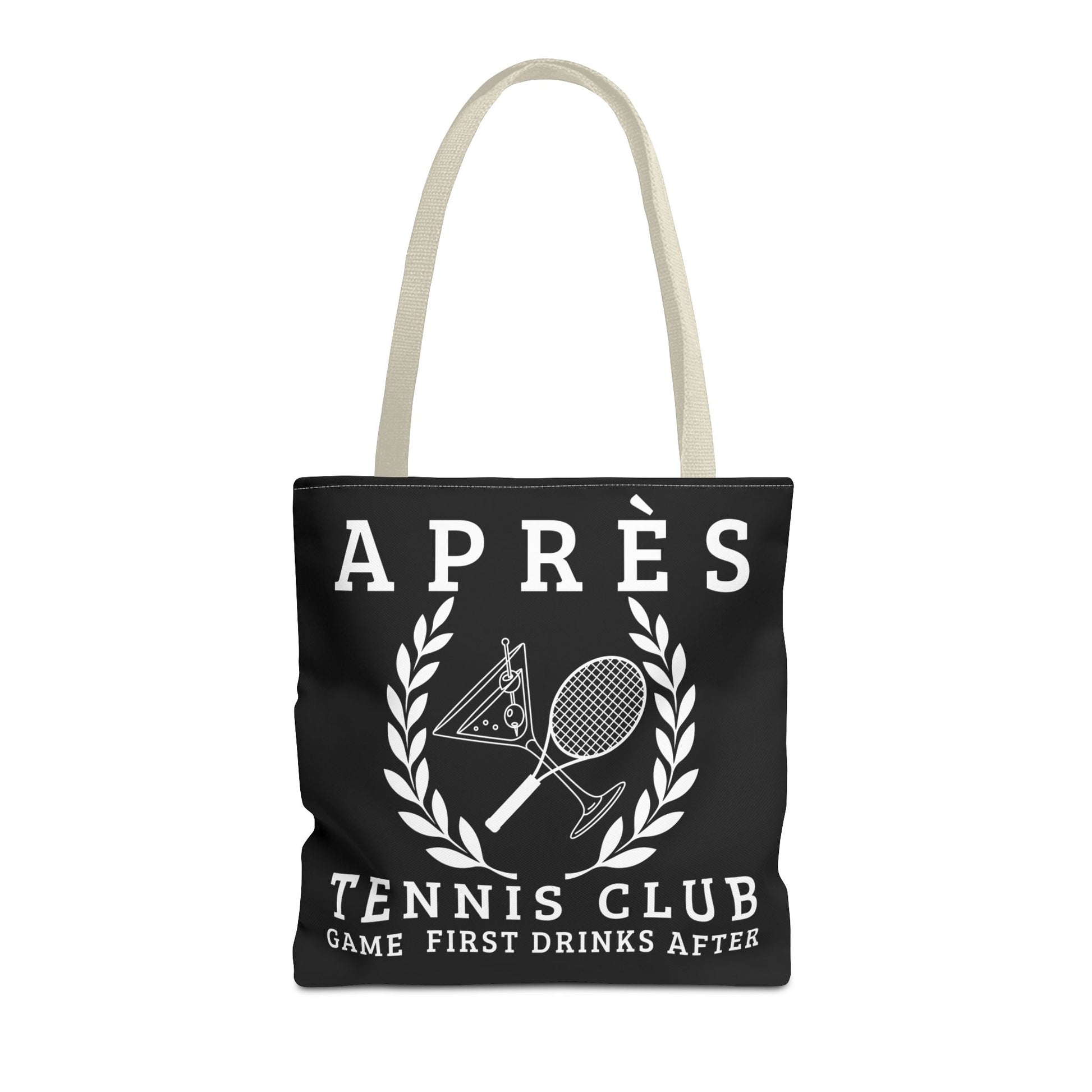 tennis tote bag Black tote bag with tennis-themed design and text on a white background
