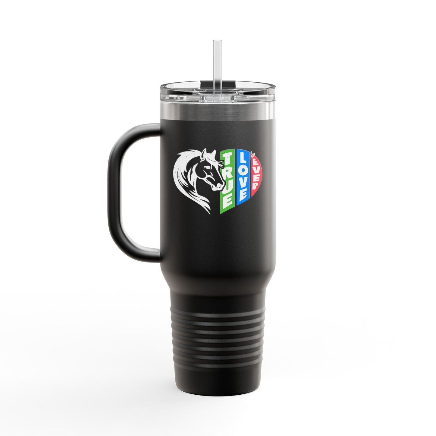 Black travel mug with a logo on a white background
