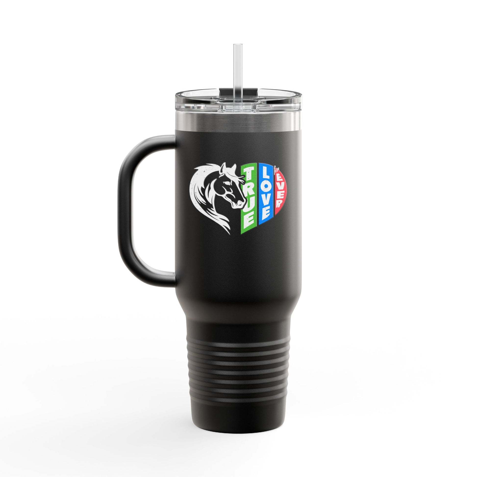 Black travel mug with a logo on a white background
