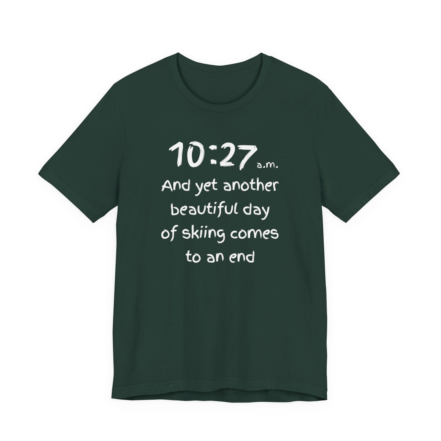 Green t-shirt with white text on a white background