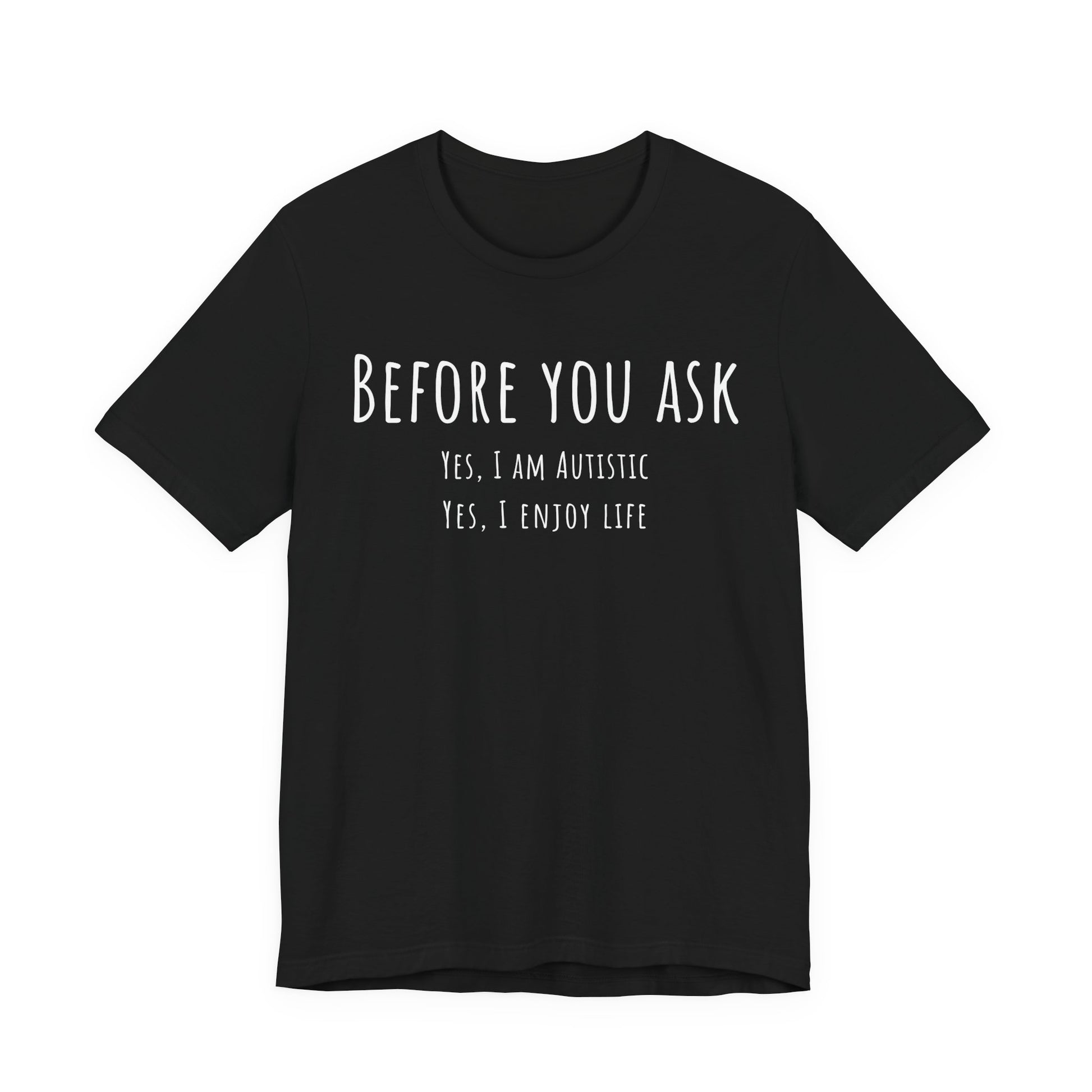 Black t-shirt with white text on a white background