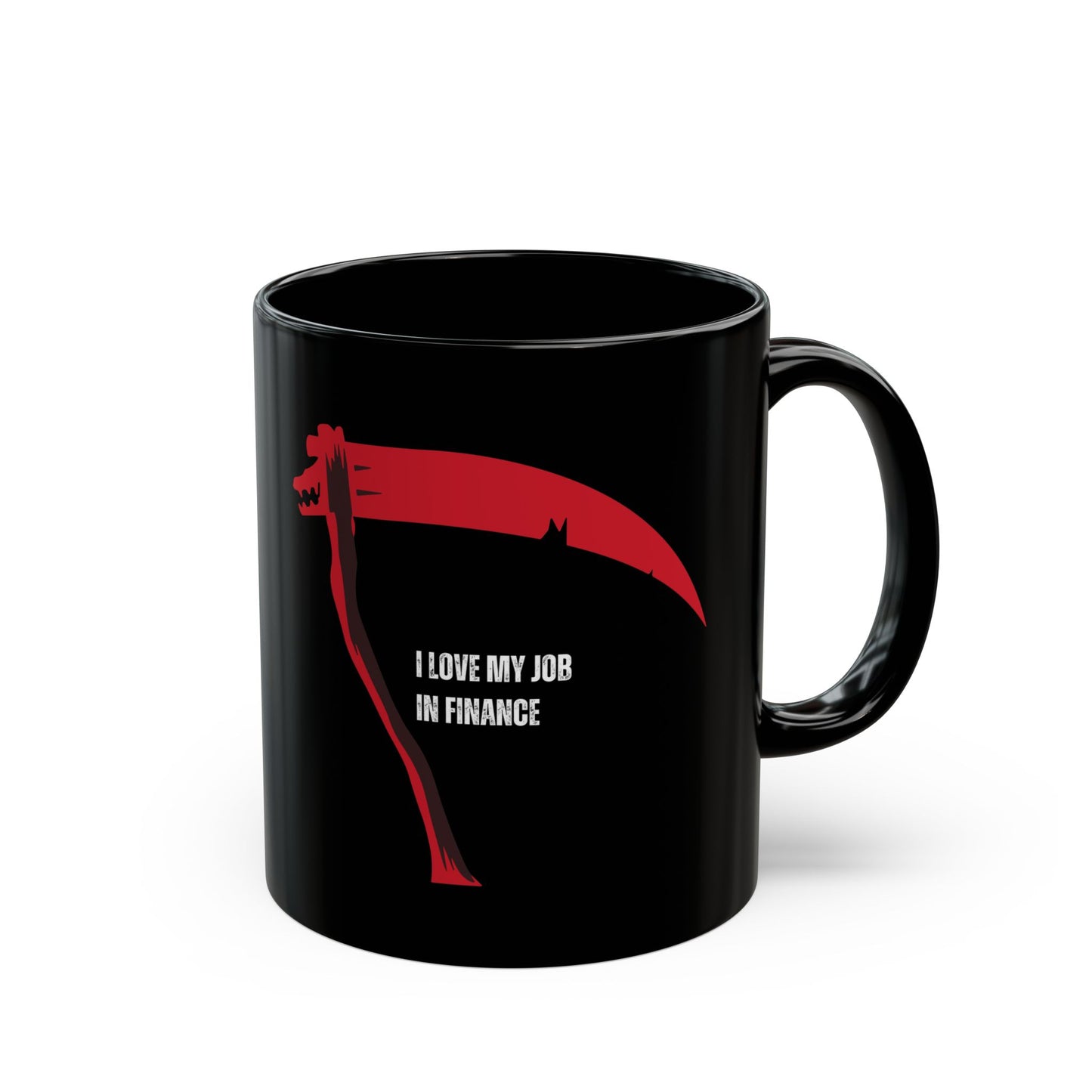 Black mug with red silhouette and text 'I LOVE MY JOB AS LAWYER' on a white background
