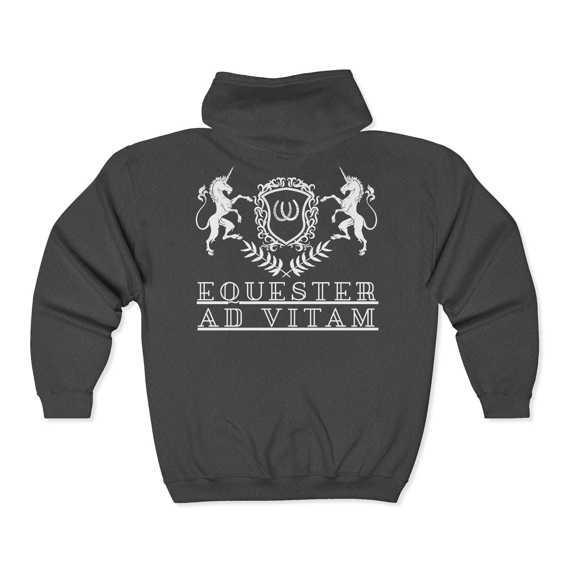 Dark gray hoodie with white emblem and text on a white background