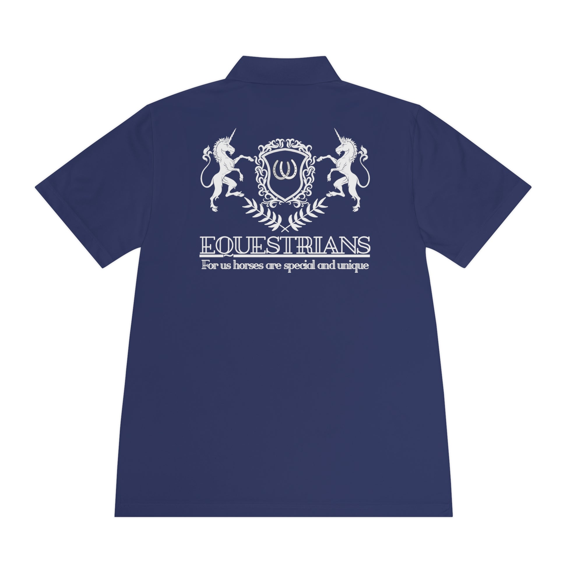 Navy blue polo shirt with white equestrian design and text on a white background
