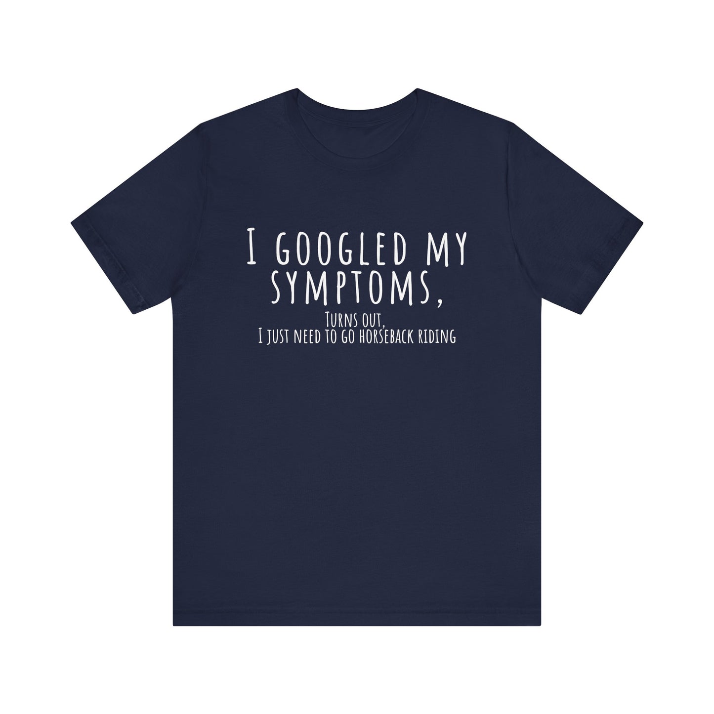 Navy blue t-shirt with white text on a white background