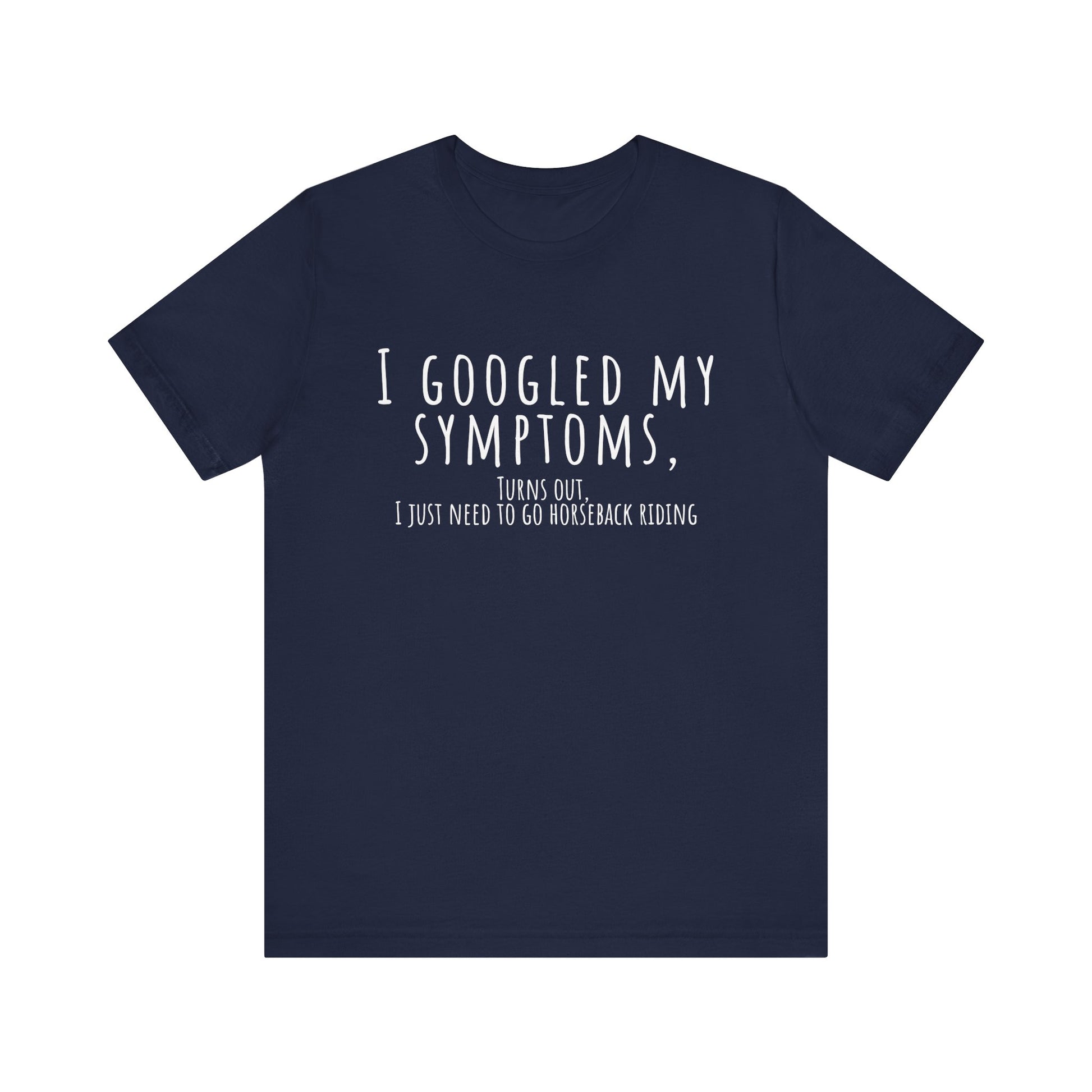 Navy blue t-shirt with white text on a white background