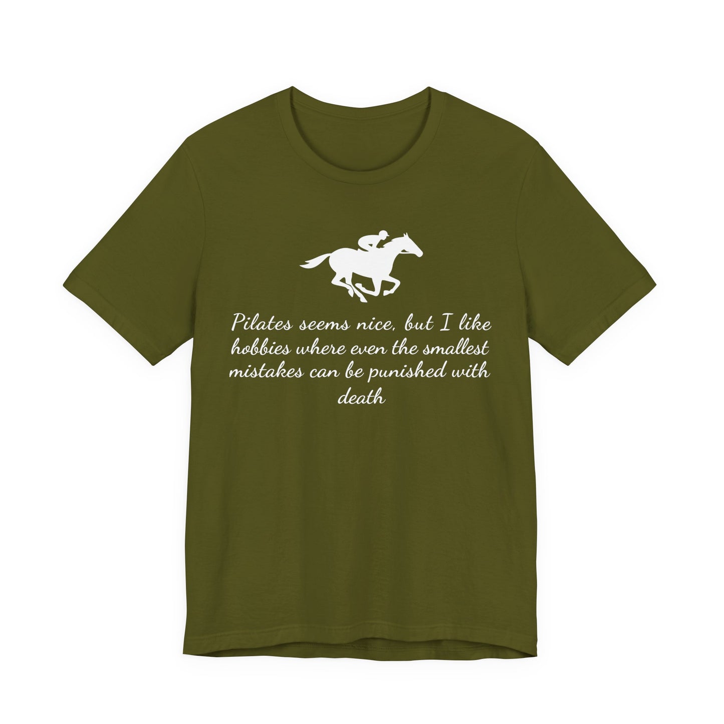 Green t-shirt with equestrian design and text on a white background