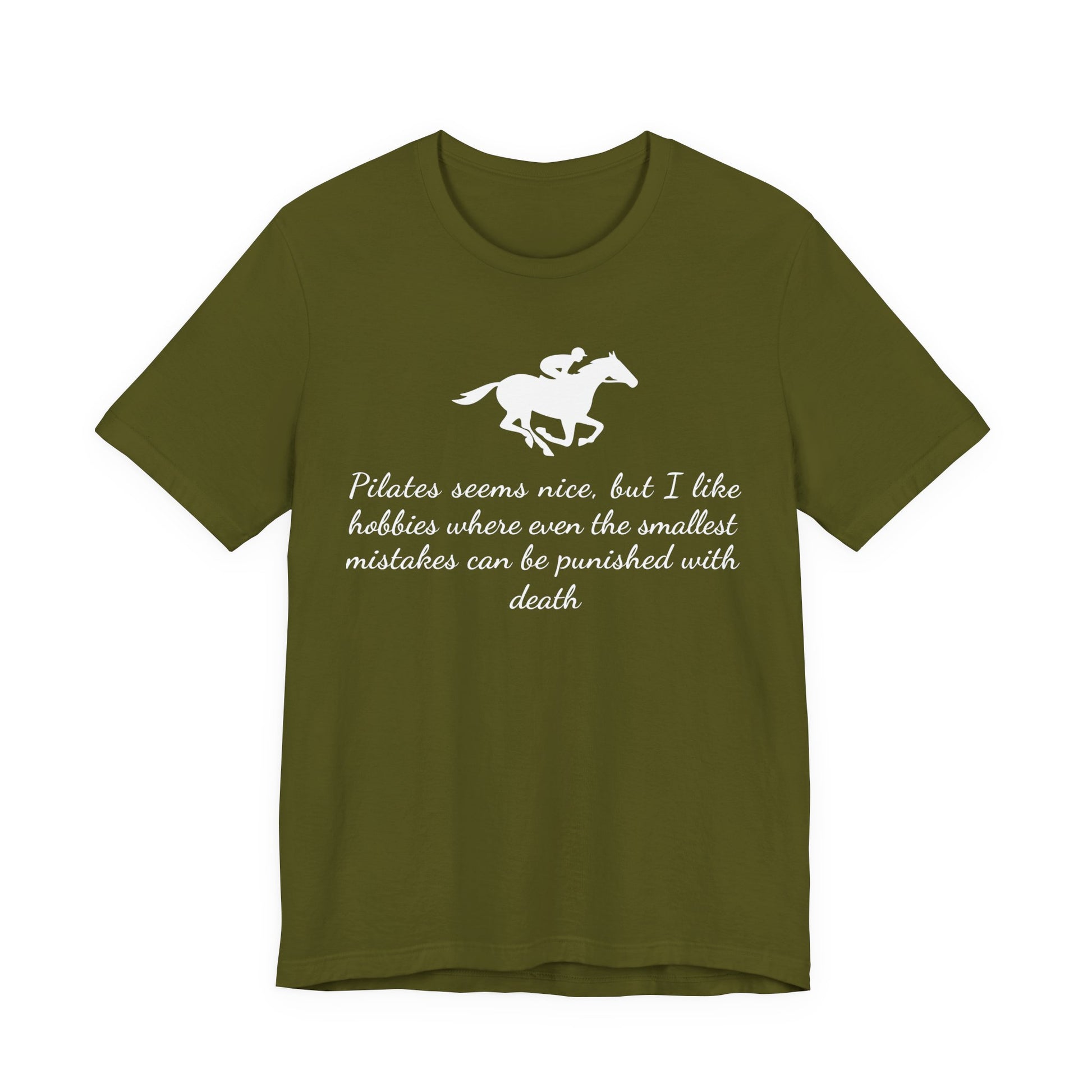 Green t-shirt with equestrian design and text on a white background