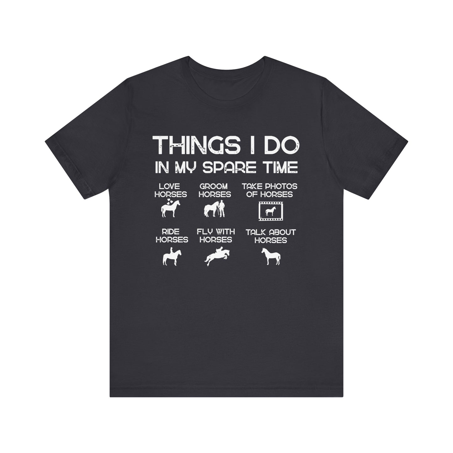 Black t-shirt with white text and horse-related graphics on a white background