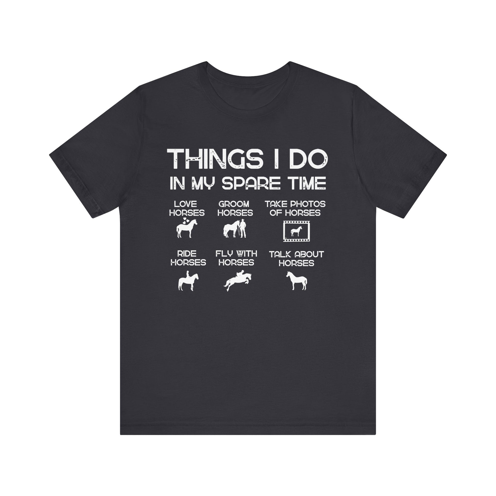 Black t-shirt with white text and horse-related graphics on a white background