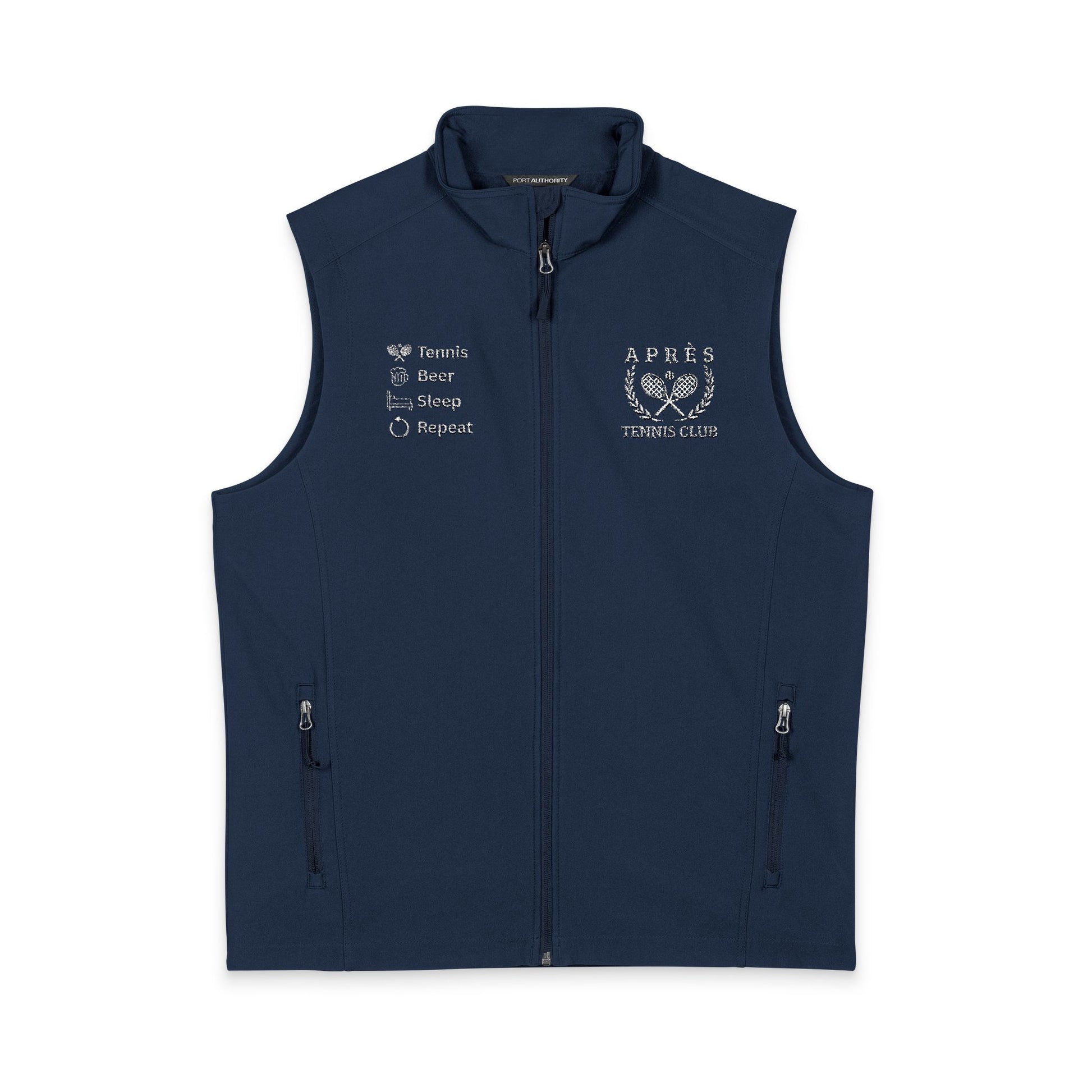 Tennis Sweater Vest Gray vest with a brand logo on a white background