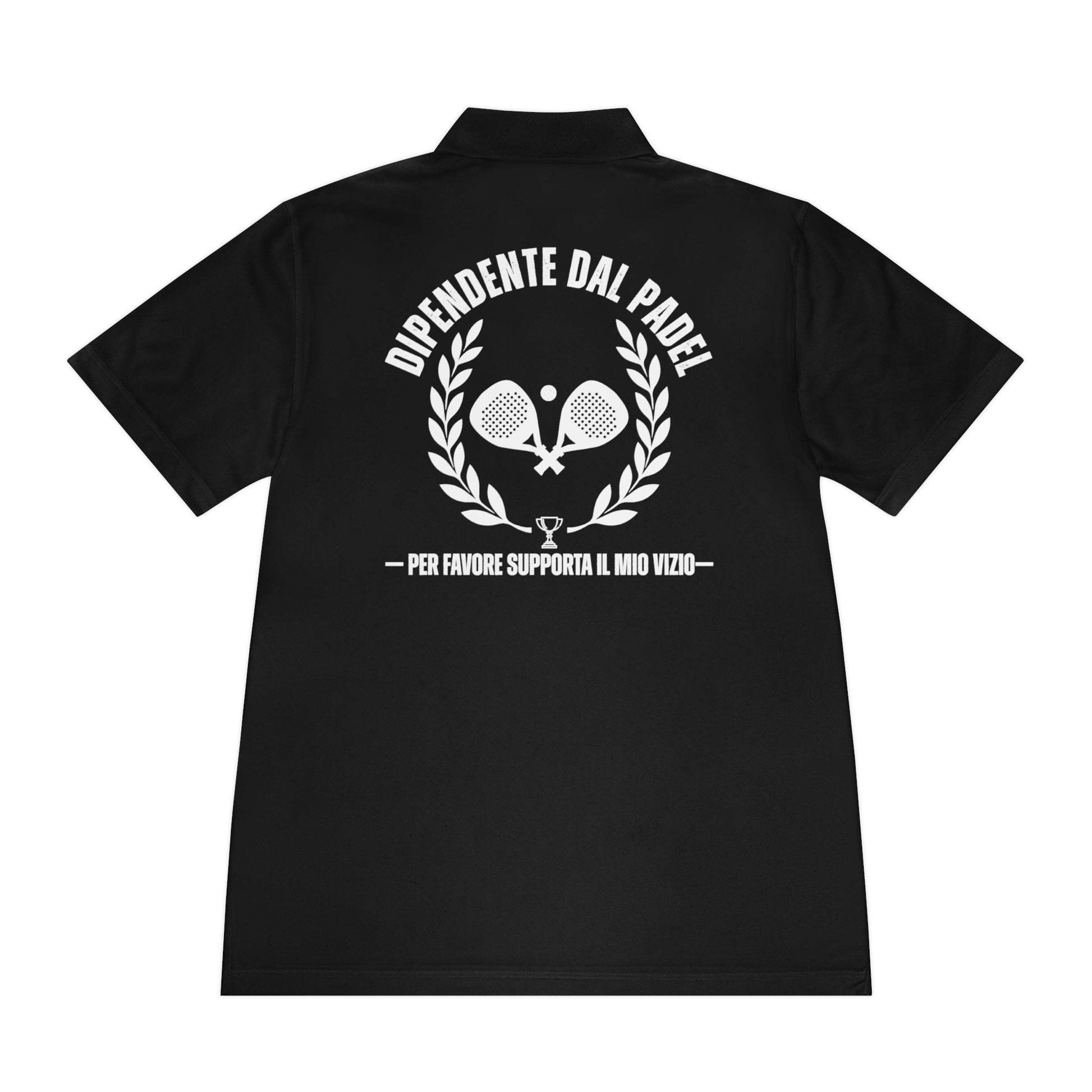 Black polo shirt with white text and graphics on a white background