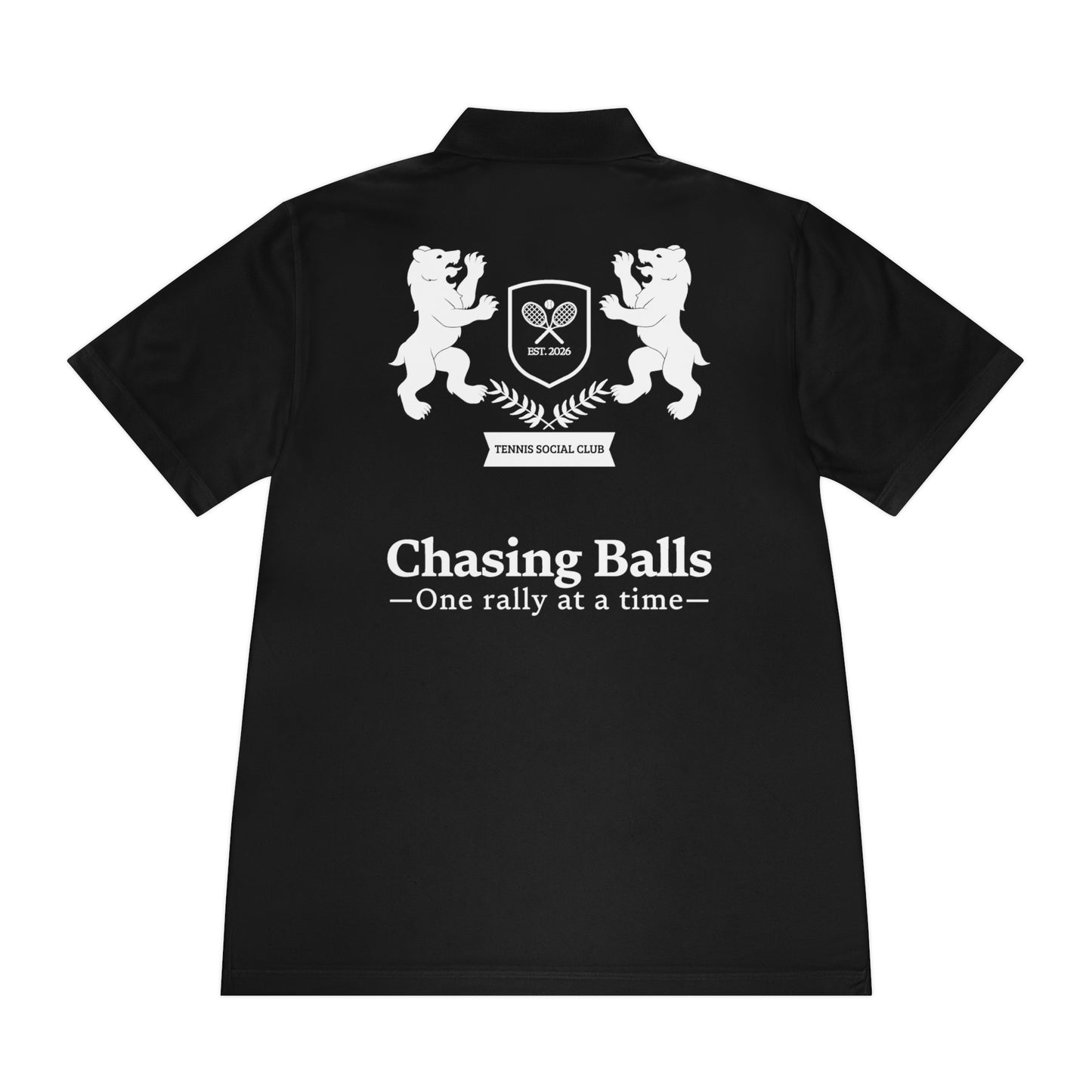 Black polo shirt with white graphics and text on a white background