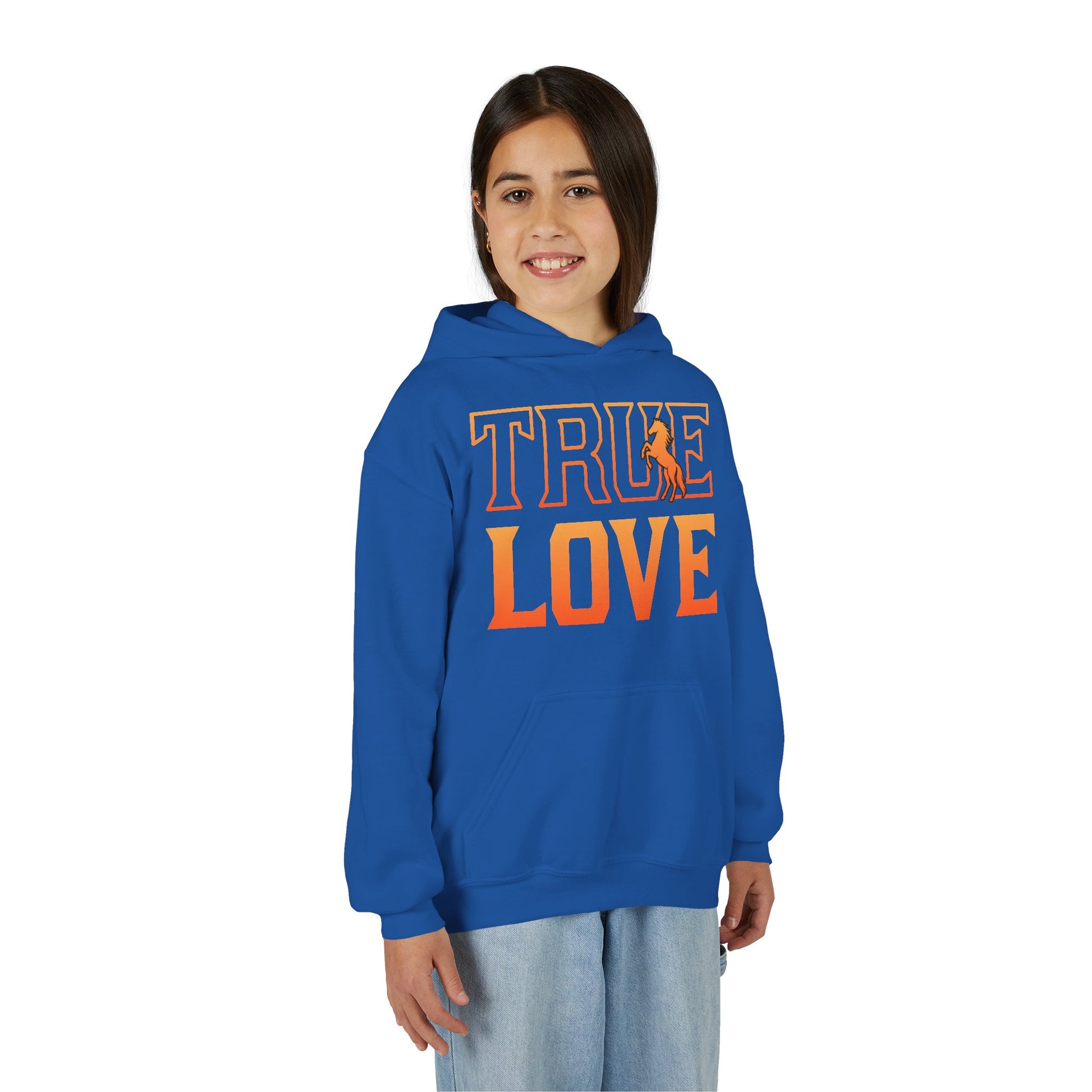 Person wearing a blue hoodie with 'TRUE LOVE' text on a white background