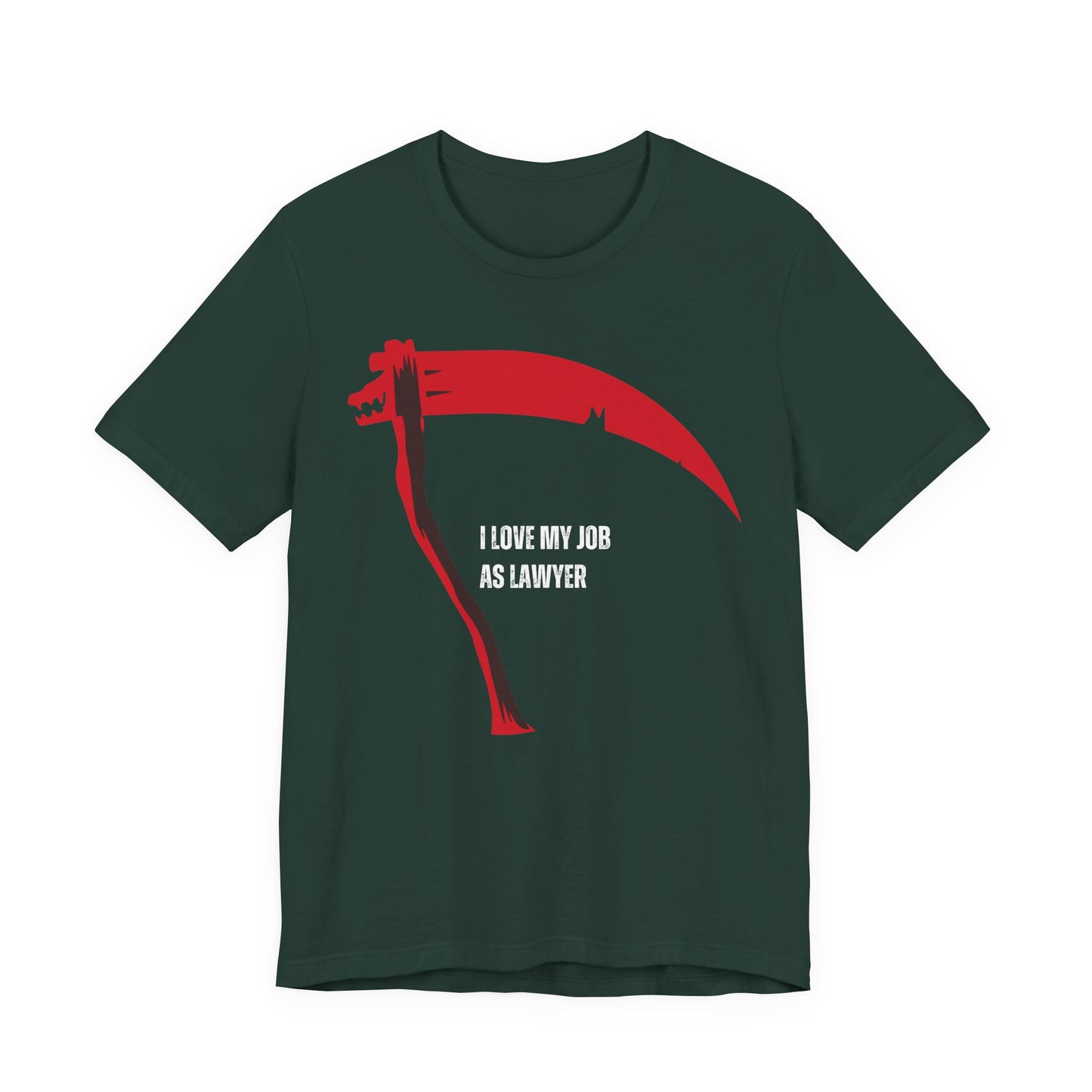 Green t-shirt with a red graphic and text 'I LOVE MY JOB AS LAWYER' on a white background