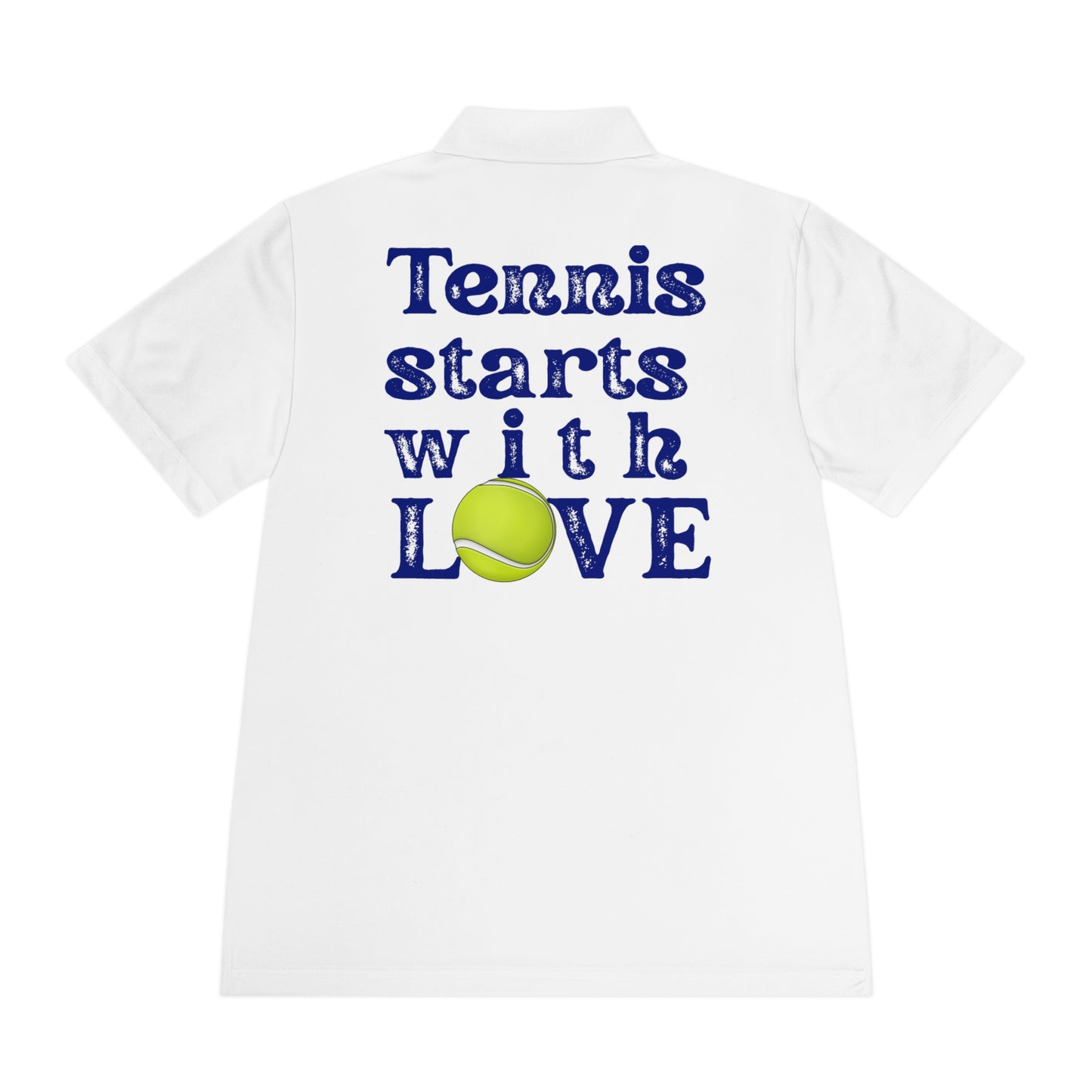 Tennis Polo Women White polo shirt with 'Tennis starts with LOVE' text and tennis ball graphic on a white background