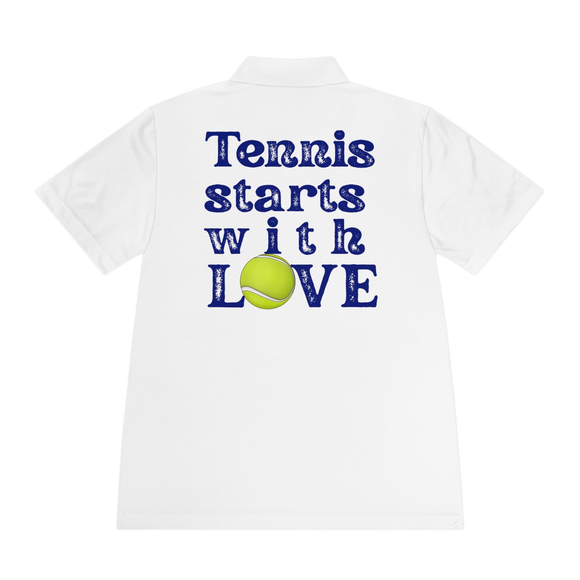 Tennis Polo Women White polo shirt with 'Tennis starts with LOVE' text and tennis ball graphic on a white background