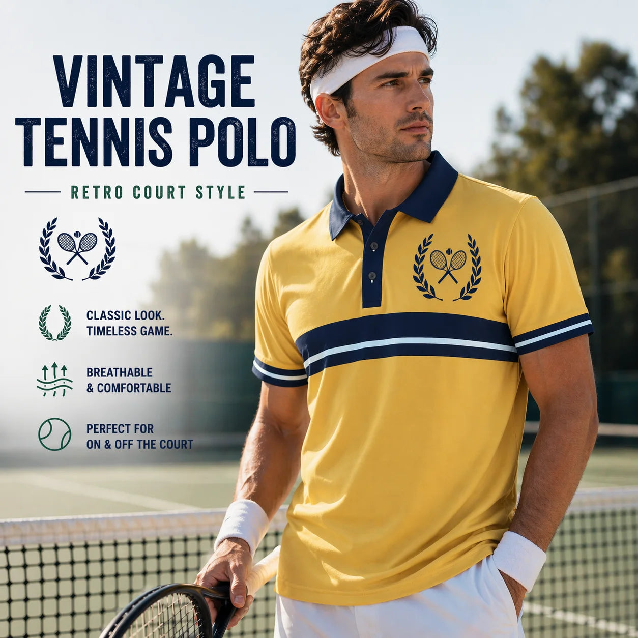 Vintage Tennis Polo Man wearing a yellow vintage tennis polo shirt on a tennis court with promotional text.