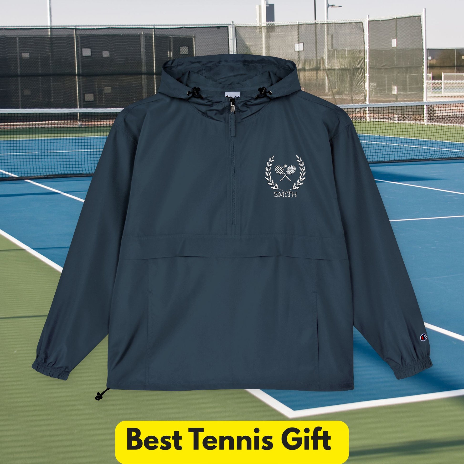 Tennis jacket Navy blue hooded jacket with 'Smith' logo on a tennis court