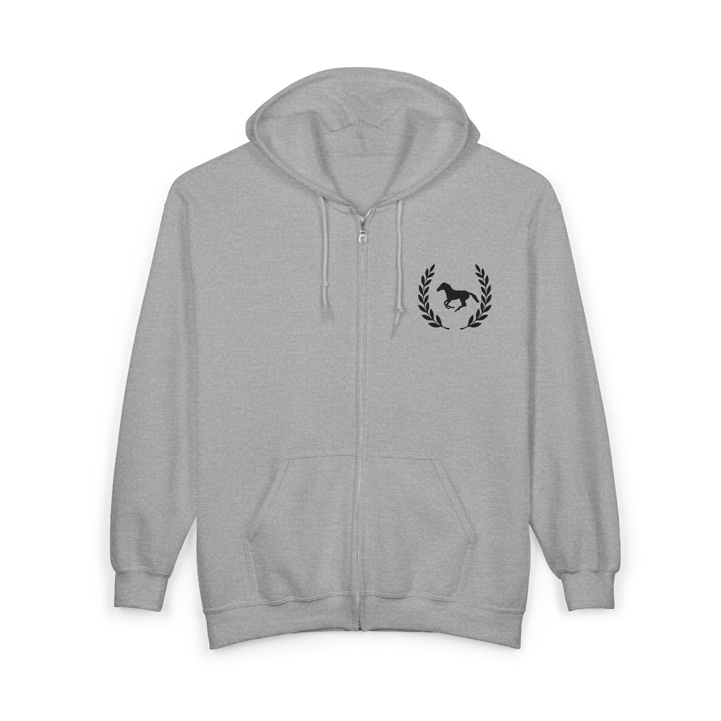 Gray hoodie with a logo on the chest against a white background