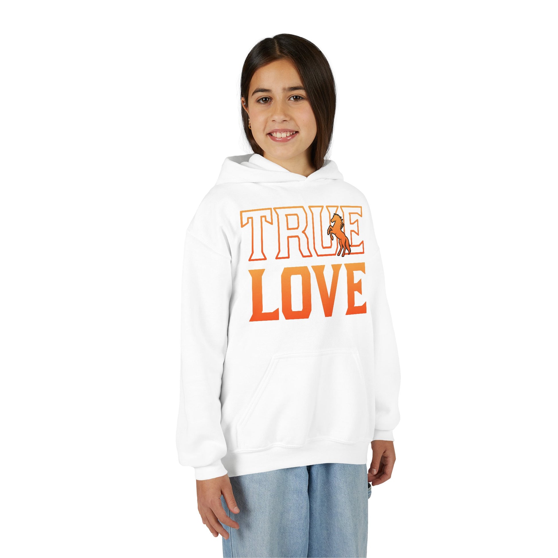 Person wearing a white hoodie with 'TRUE LOVE' printed in orange on a white background